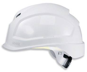 Ein weißer Schutzhelm mit verstellbarem Kinnriemen, seitlicher Belüftung und robustem Design für Arbeitssicherheit.