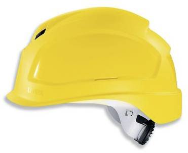 Gelber Schutzhelm in Seitenansicht, geeignet für Baustellen oder industrielle Umgebungen.