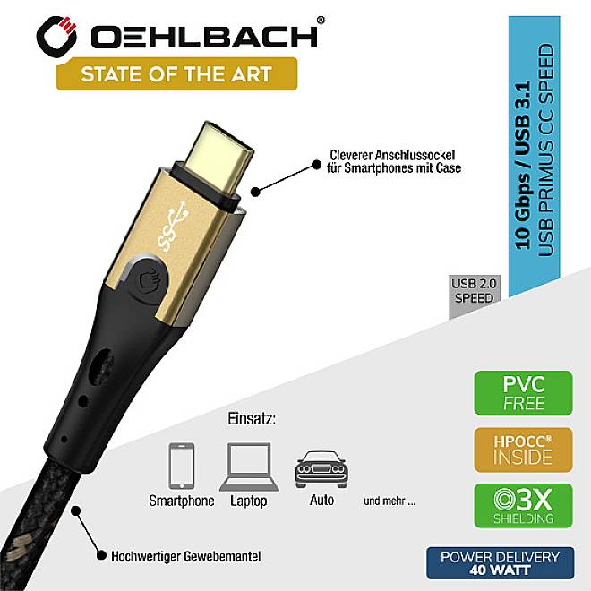 Oehlbach USB-Kabel USB 3.2 Gen2 USB-C® Stecker, USB-C® Stecker 2.00m Schwarz/Gold D1C9532