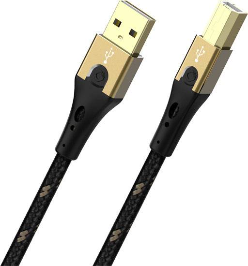 USB A-auf-B-Kabel mit goldfarbenen Steckern und schwarzem Kabel.