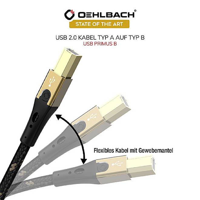 'OEHLBACH STATE OF THE ART' USB 2.0 Kabel, Typ A auf Typ B. Flexibles Kabel mit Gewebemantel.