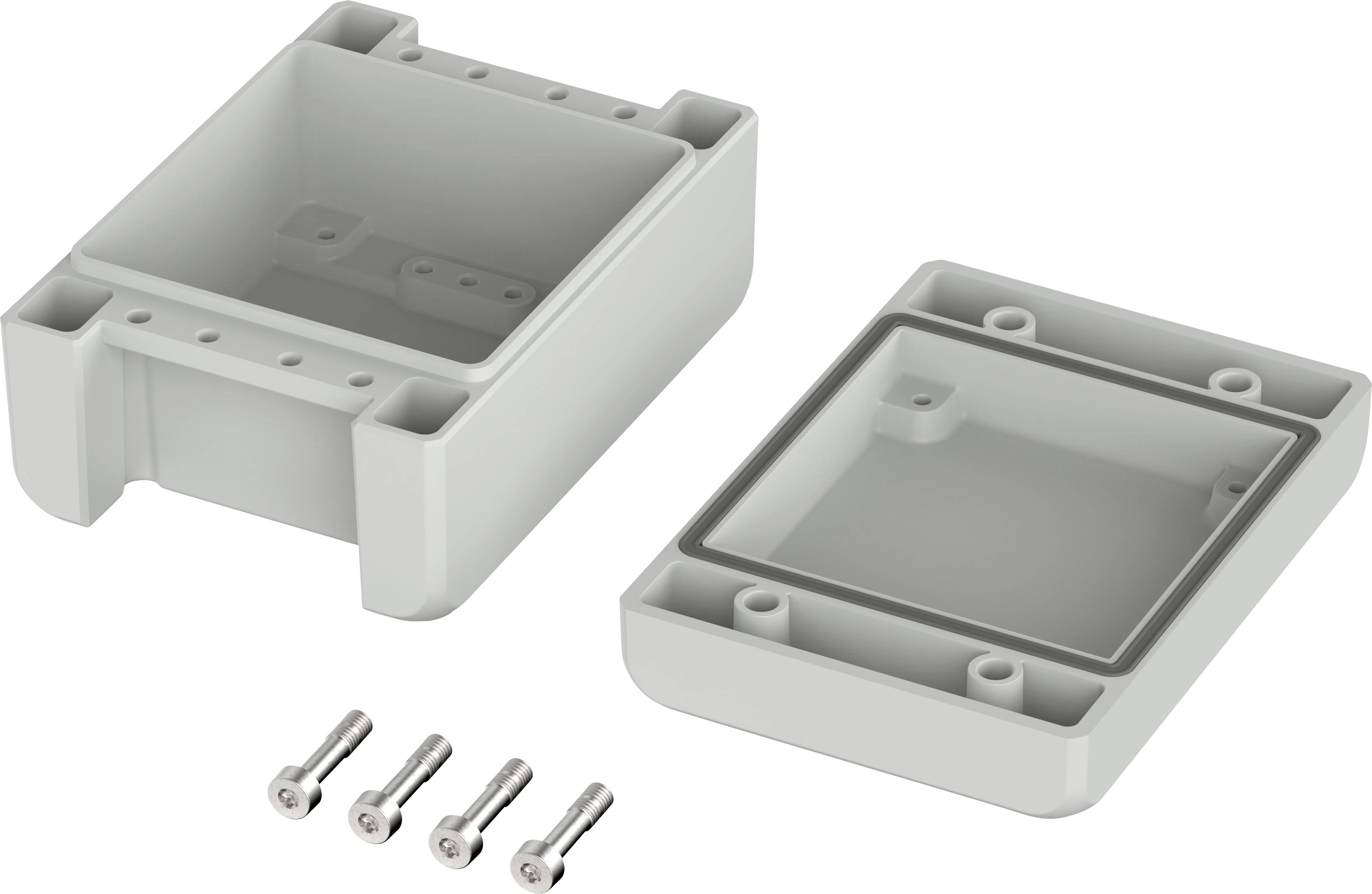Offenes graues Kunststoffgehäuse, bestehend aus zwei Teilen. Vier Schrauben liegen davor. Geeignet für elektronische Bauteile.