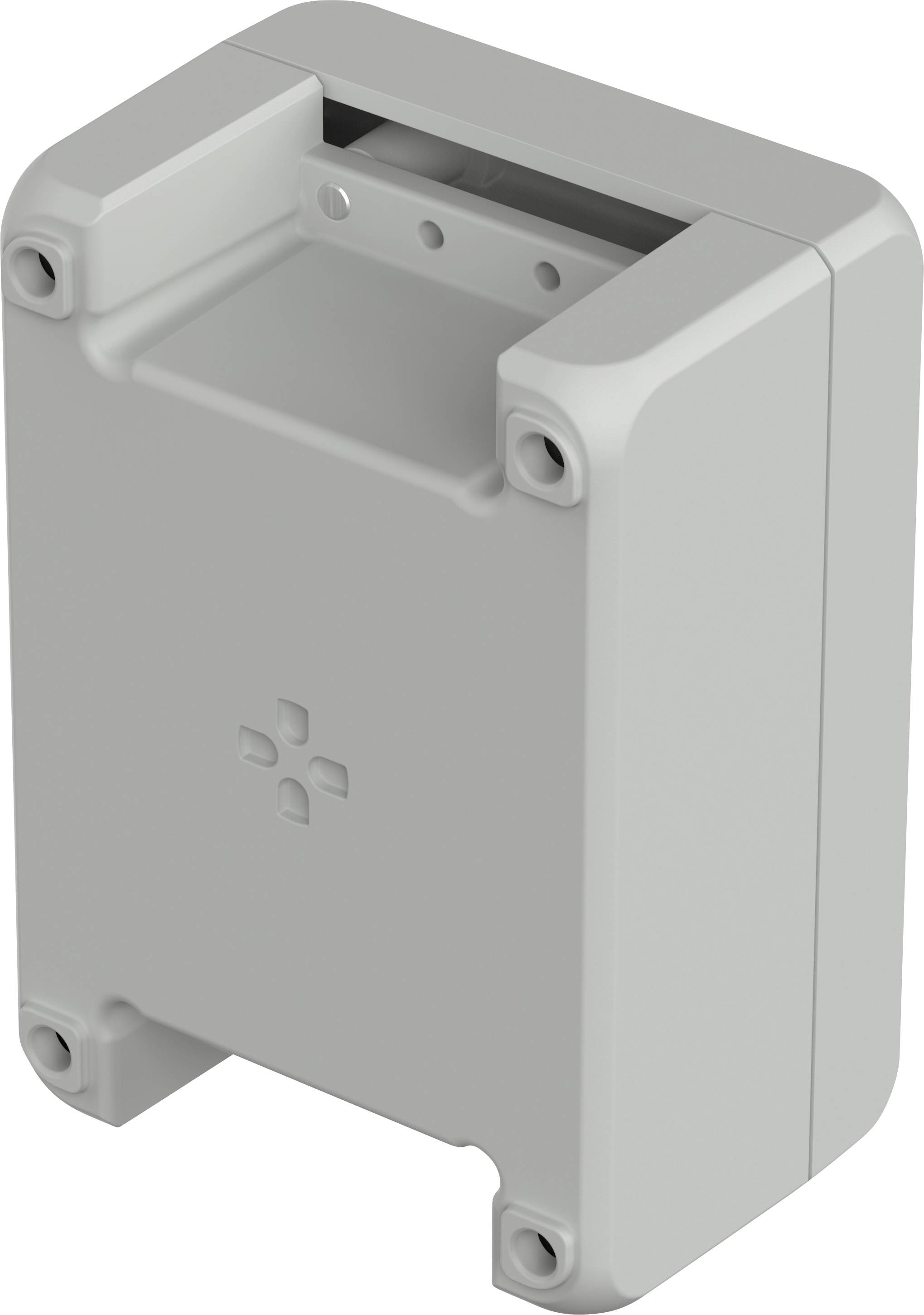 Ein graues rechteckiges Kunststoffgehäuse mit abgerundeten Ecken und Schraubenlöchern an den Ecken, möglicherweise für Elektronik.