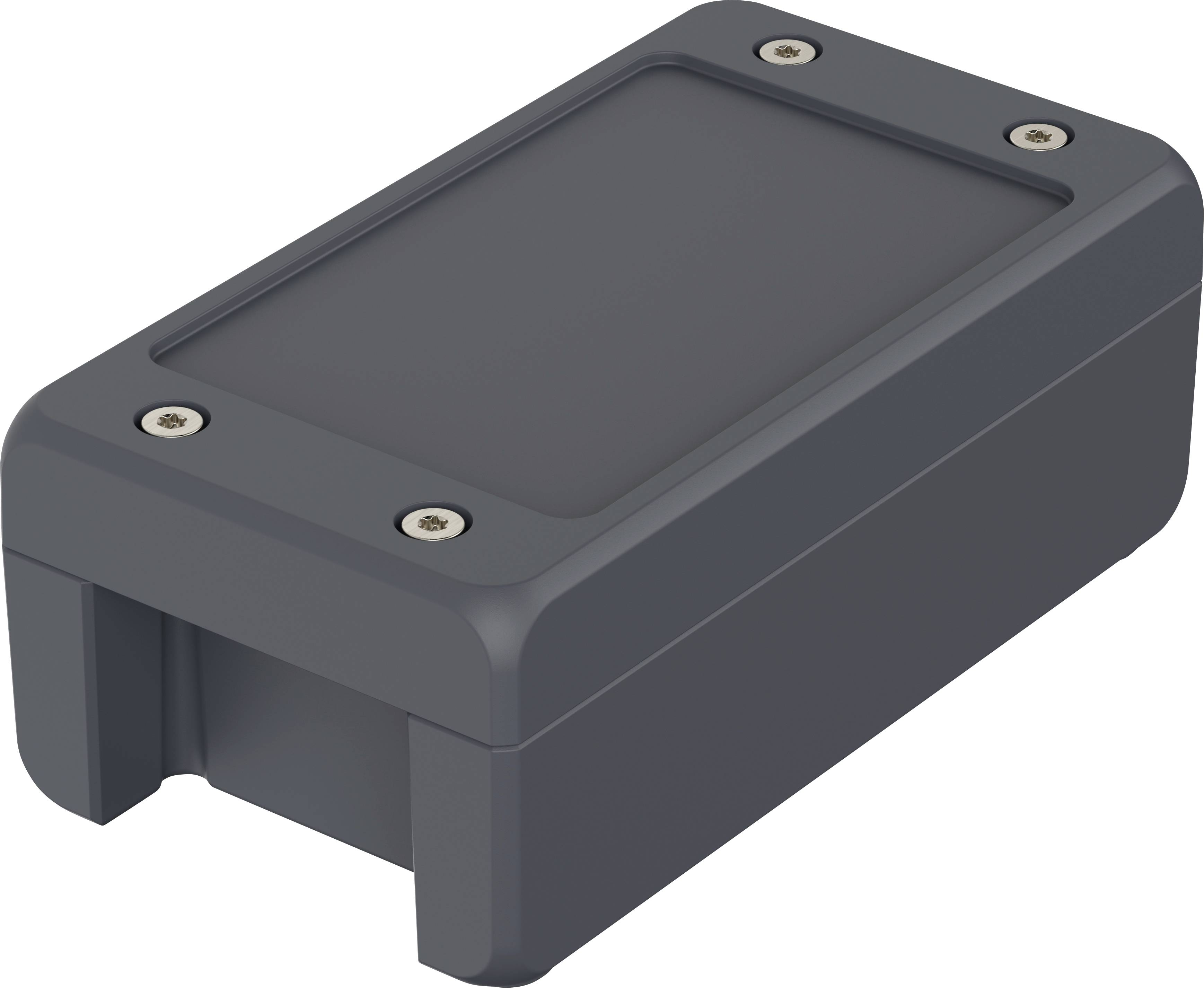 Elektronisches Gehäuse in Schwarz, rechteckige Form, abgerundete Ecken, mit Schrauben an den Ecken befestigt.