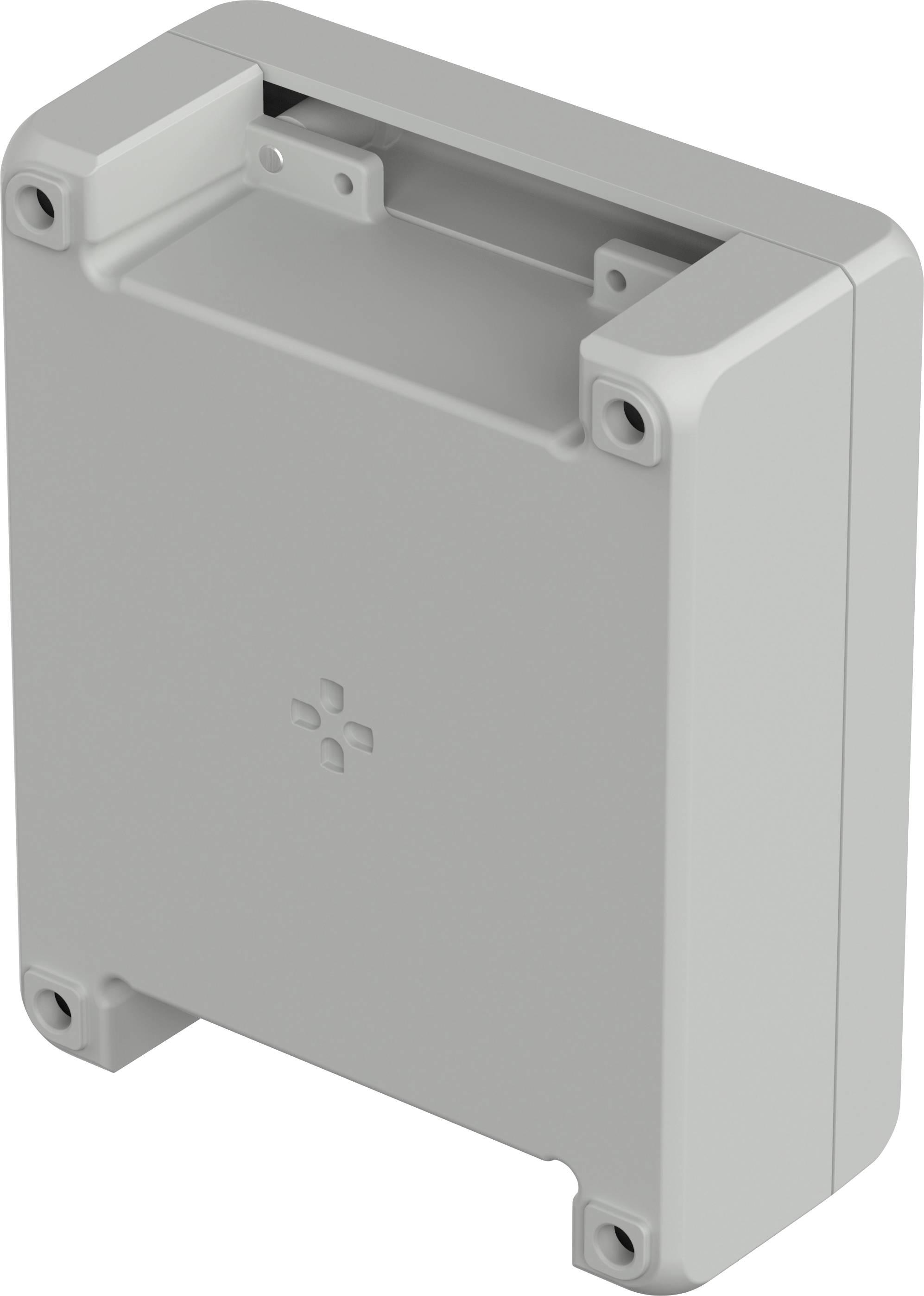 Graues, rechteckiges Gehäuse aus Kunststoff mit abgerundeten Kanten und vier Schraublöchern an den Ecken.
