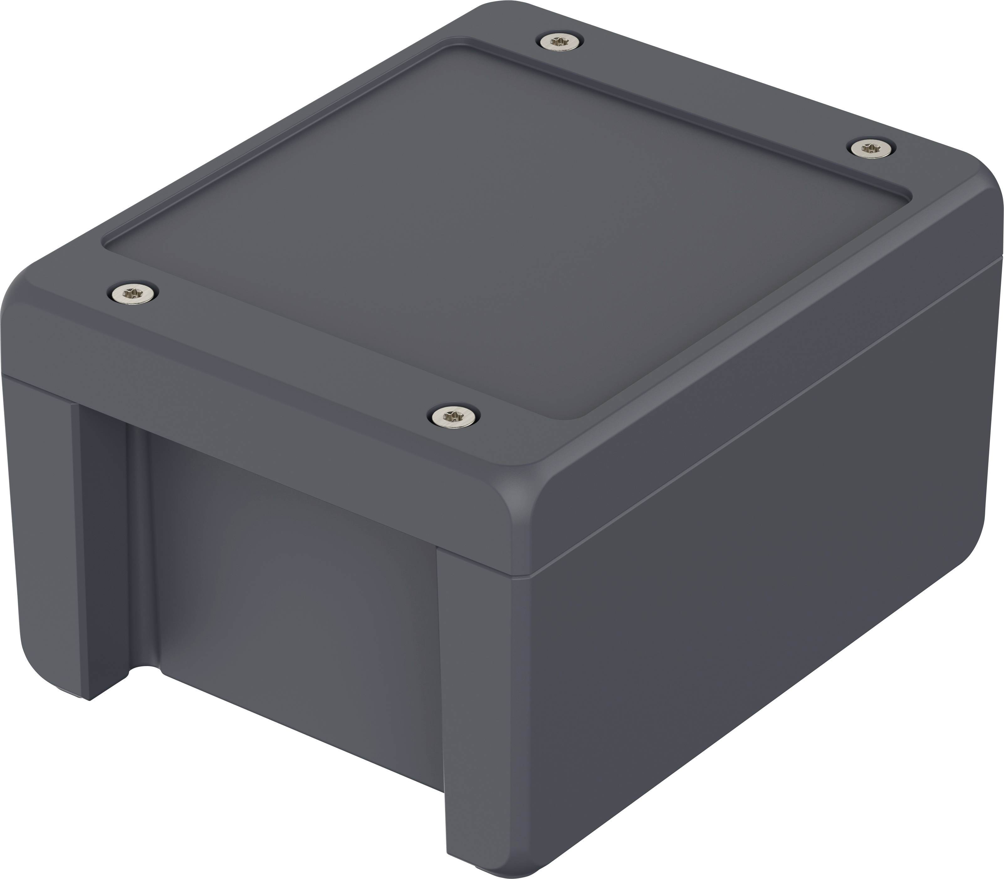 Graues, quaderförmiges Gehäuse mit vier sichtbaren Schrauben an den Ecken auf der Oberseite.