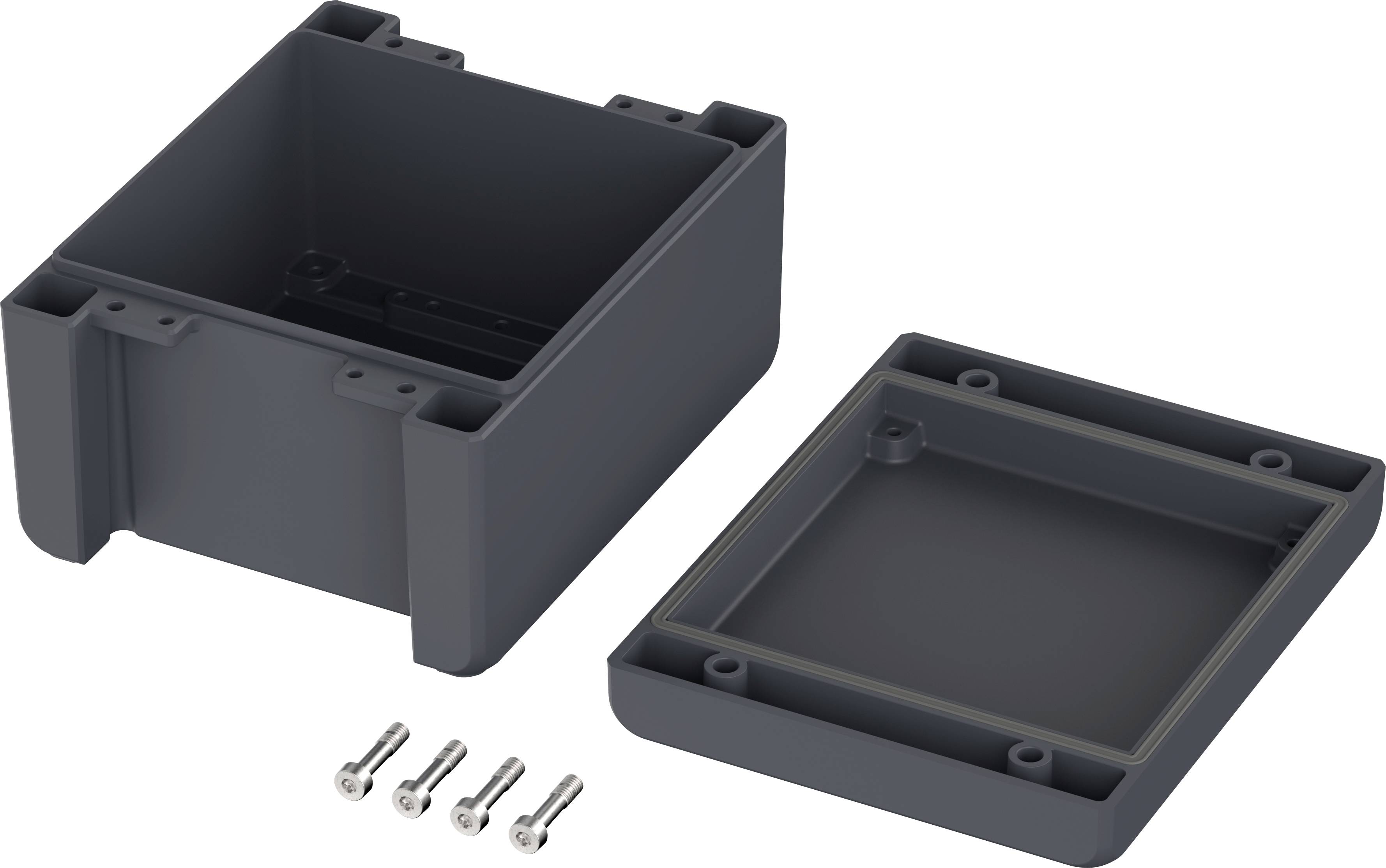 Gehäusebox aus Kunststoff, geöffnet, mit abnehmbarem Deckel und vier Schrauben daneben, dient zur Aufbewahrung oder Montage von Geräten.