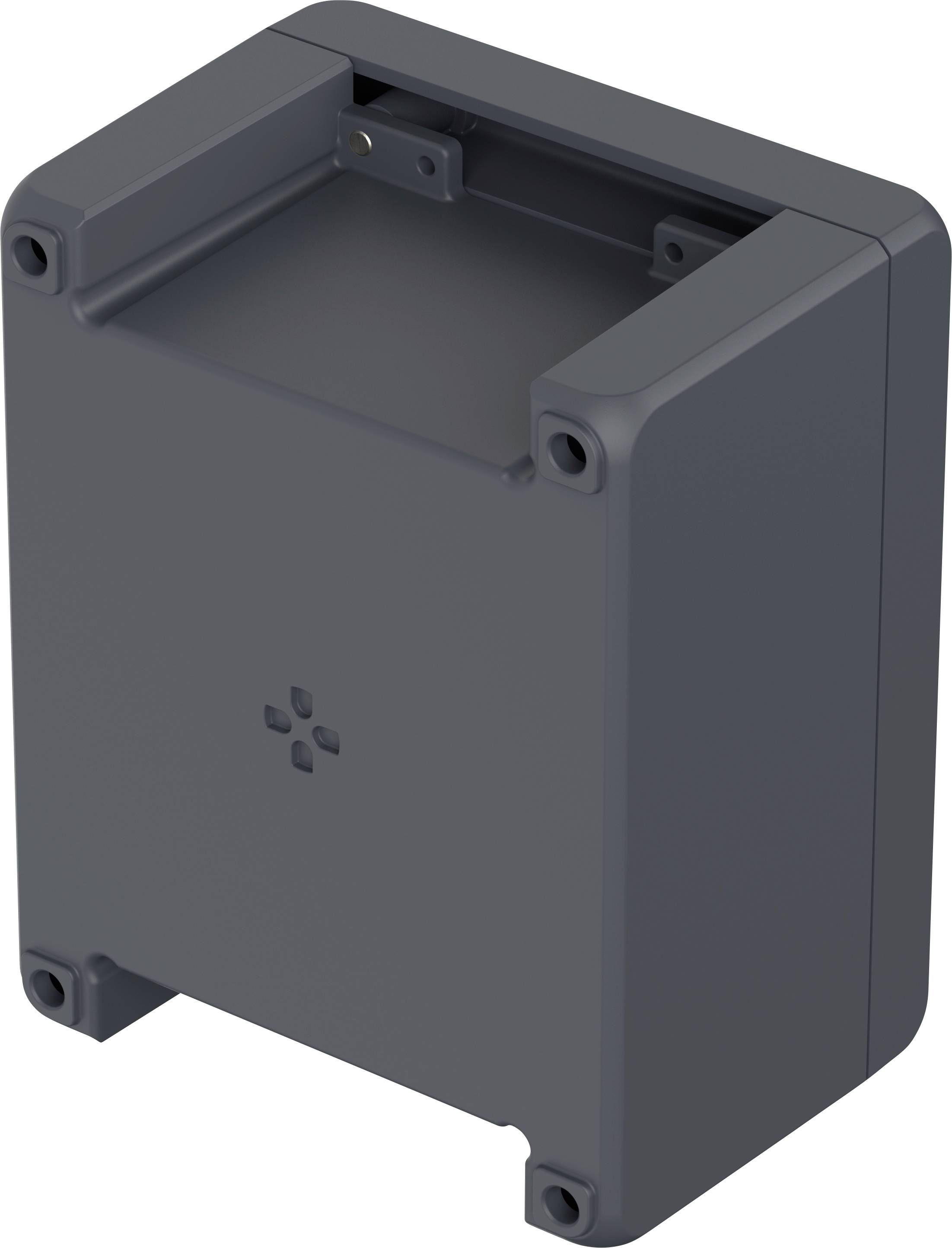 Graues, rechteckiges Gehäuse mit vier Schraubenlöchern an den Ecken. Oberseite offen. Geeignet für elektronische Bauteile.