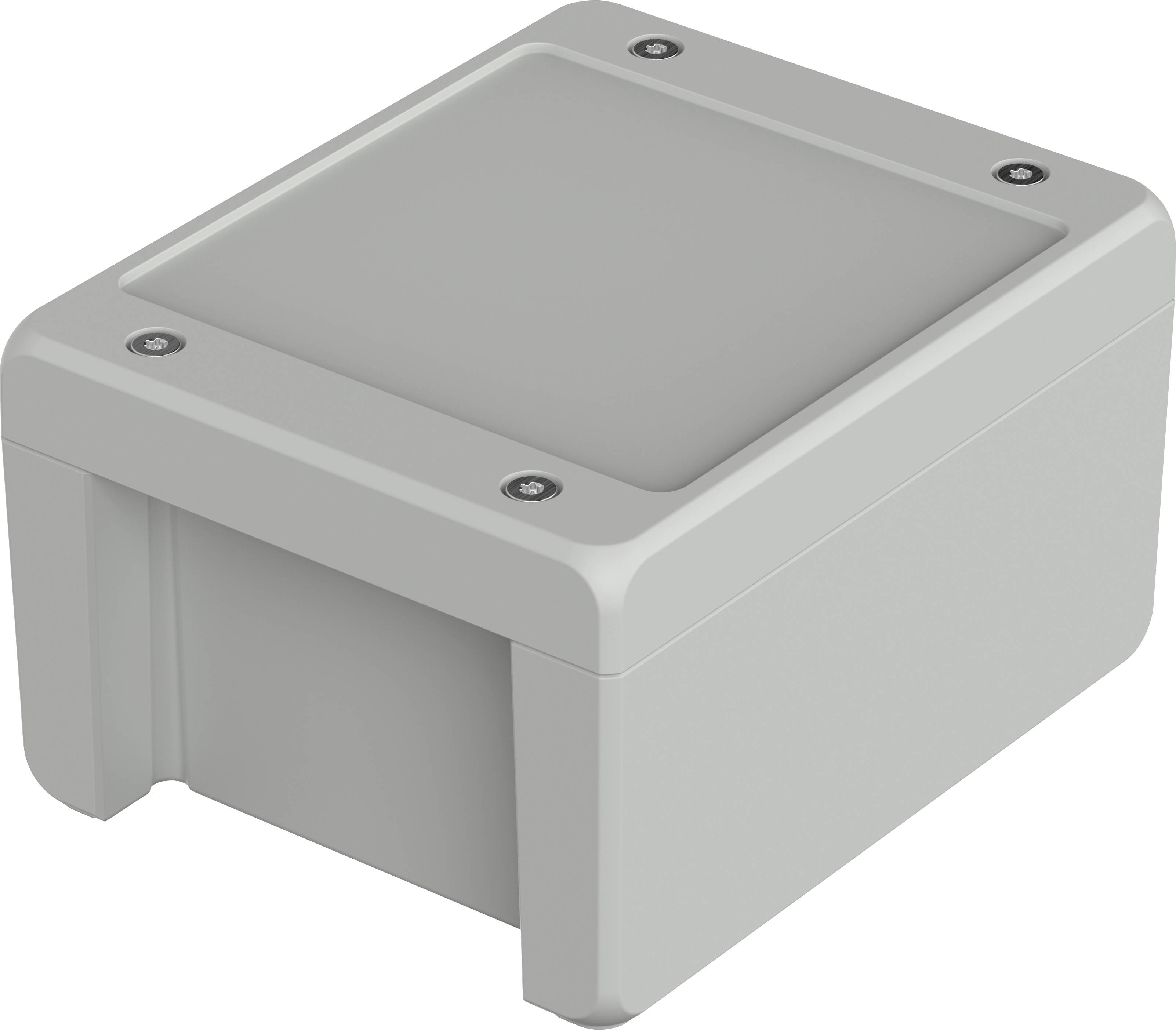 Ein rechteckiges, graues Schutzgehäuse mit abgerundeten Ecken und Schrauben an jedem Eckpunkt, geeignet für elektronische Geräte.