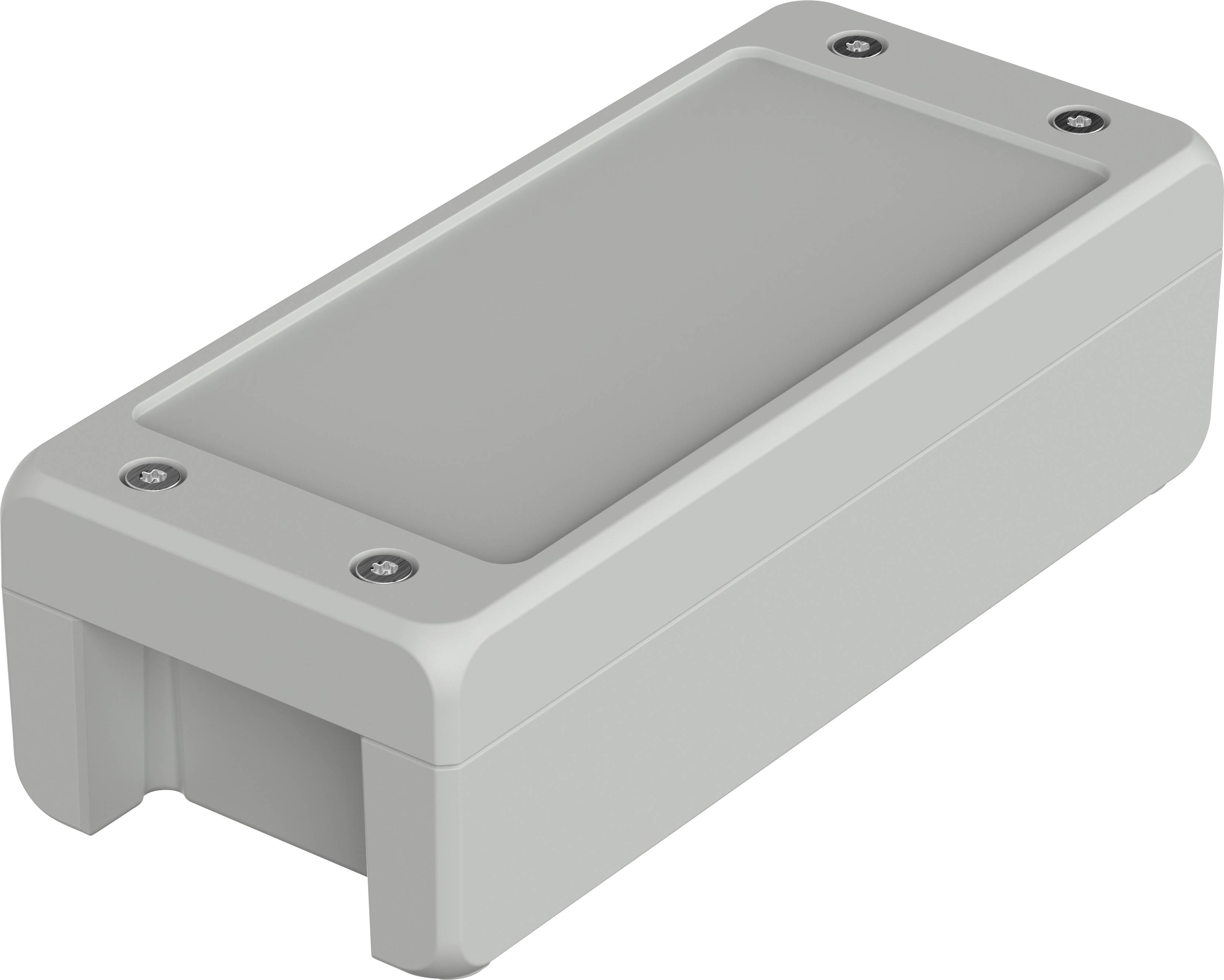 Rechteckiges, graues Elektronikgehäuse mit abgerundeten Ecken und vier Schrauben in den Ecken des Deckels. Geeignet für Innenanwendungen.