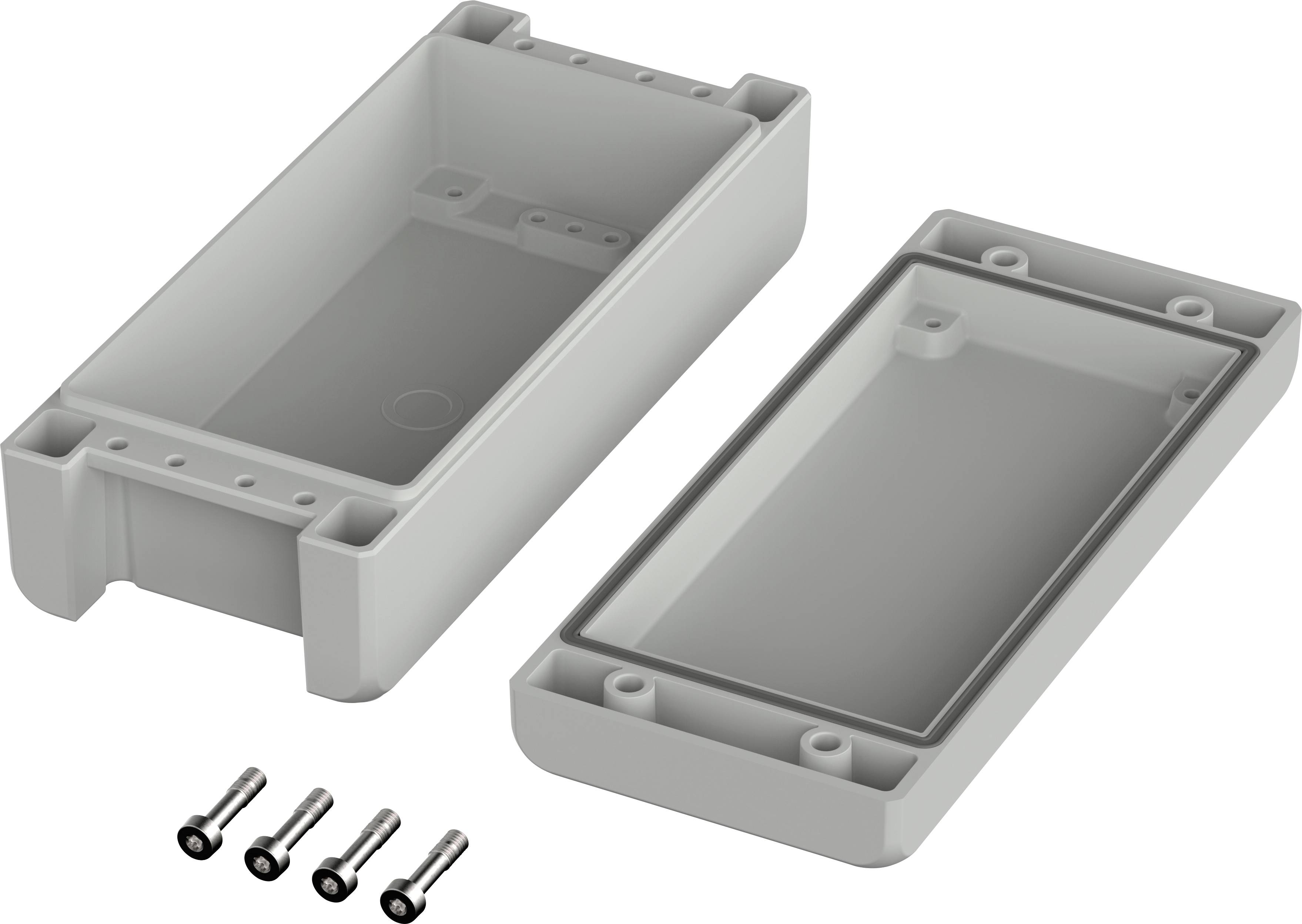 Ein graues, rechteckiges Elektronikgehäuse aus Kunststoff, bestehend aus zwei Hälften, mit vier silbernen Schrauben daneben.