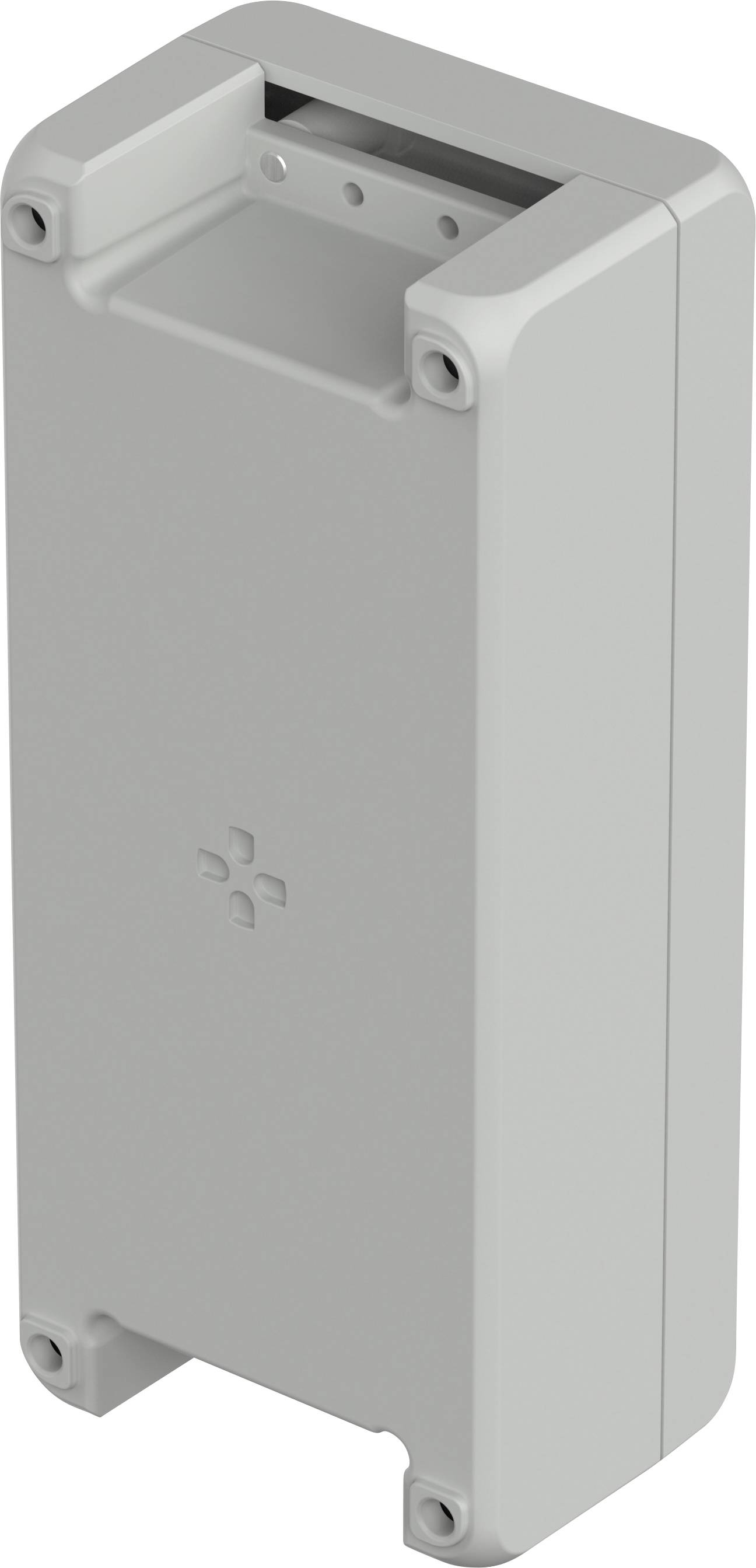 Graues, rechteckiges Plastikgehäuse mit Schrauböffnungen an den Ecken und einem kleinen Kreuzsymbol auf der Oberfläche.