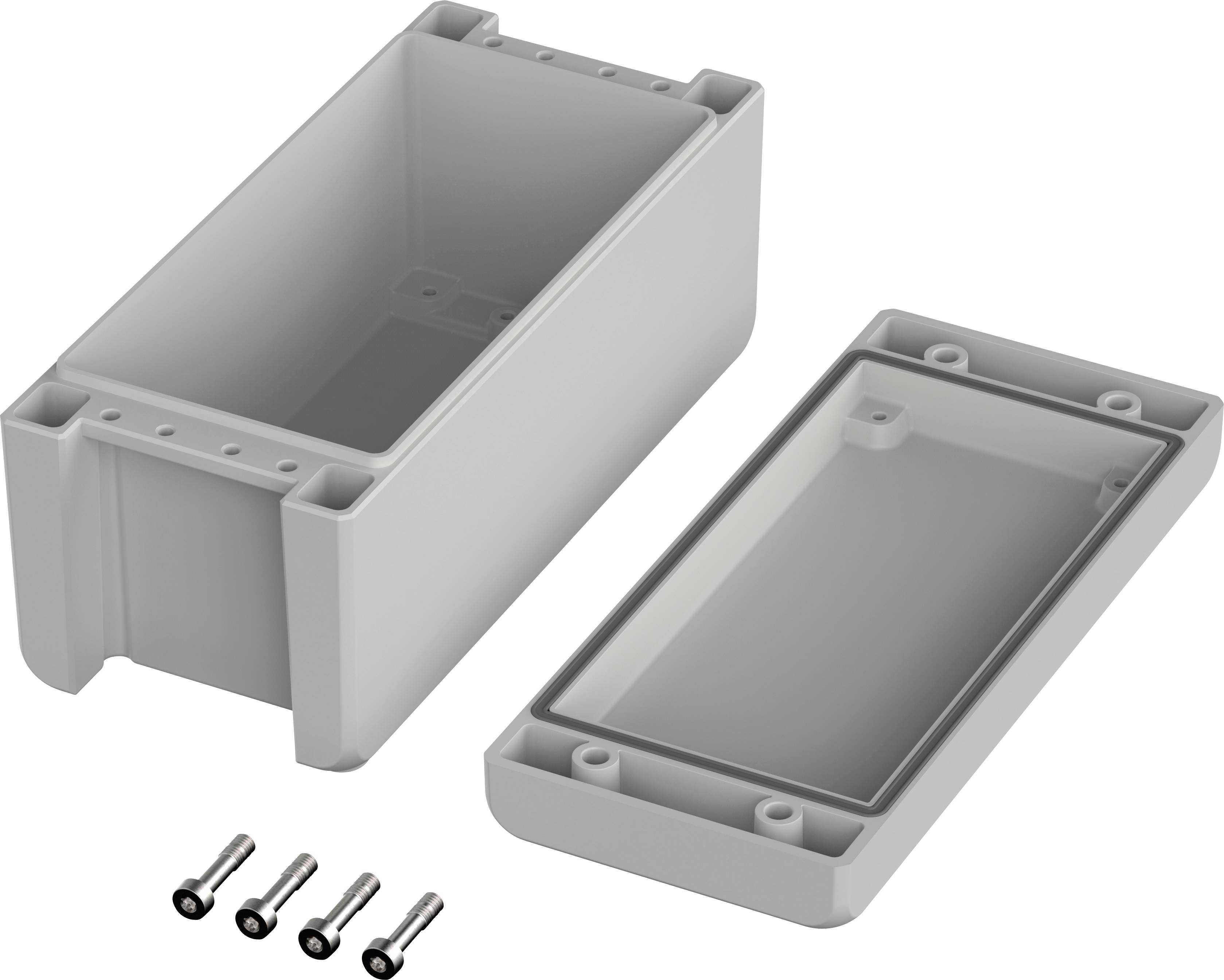 Gehäuse aus grauem Plastik in zwei Teilen. Vier silberne Schrauben daneben. Dient vermutlich zur Aufnahme elektronischer Komponenten.