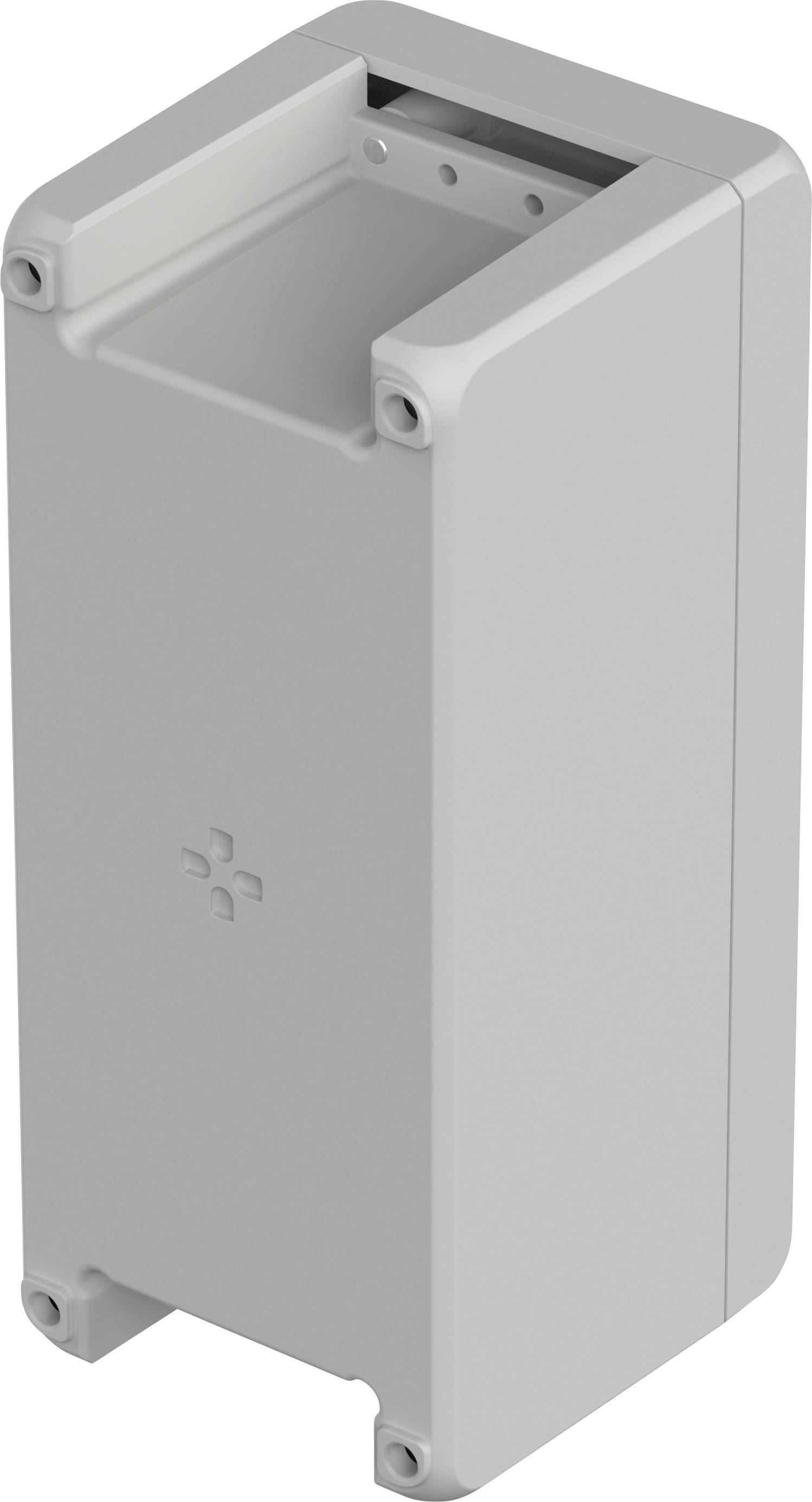 Graues rechteckiges Gehäuse mit abgerundeten Ecken und seitlichen Schraubenlöchern, möglicherweise für technische Geräte oder Elektronik.