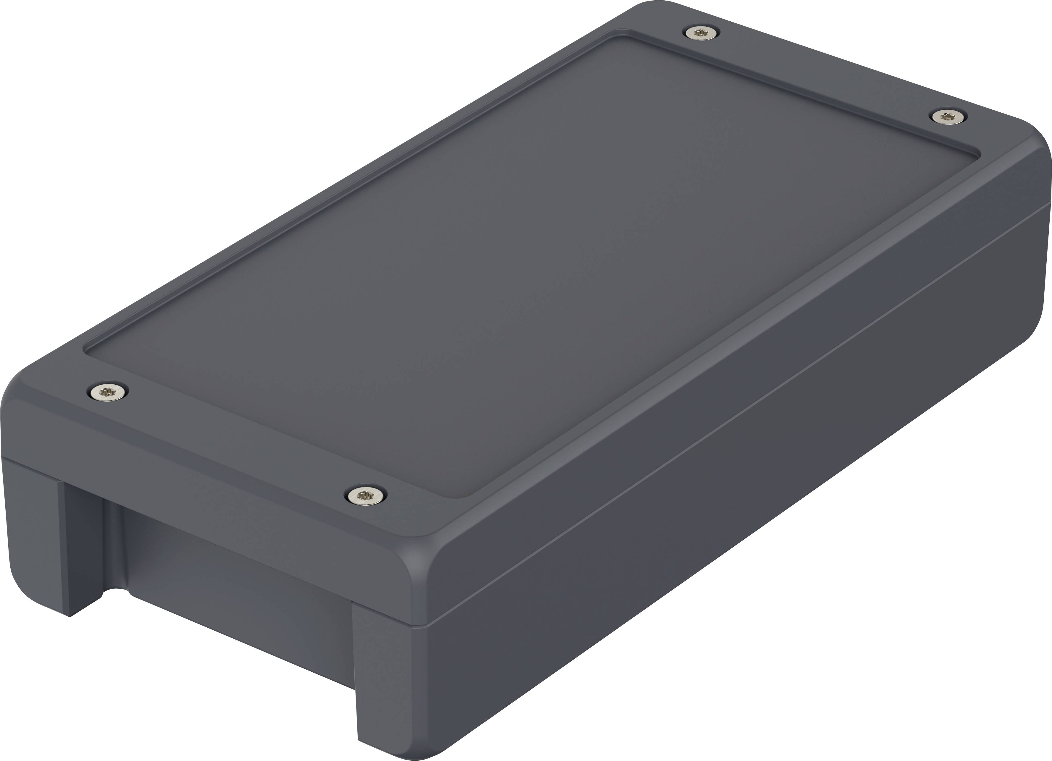Rechteckiges, dunkles Kunststoffgehäuse mit vier Schrauben an den Ecken. Es wirkt robust und industrialisiert.