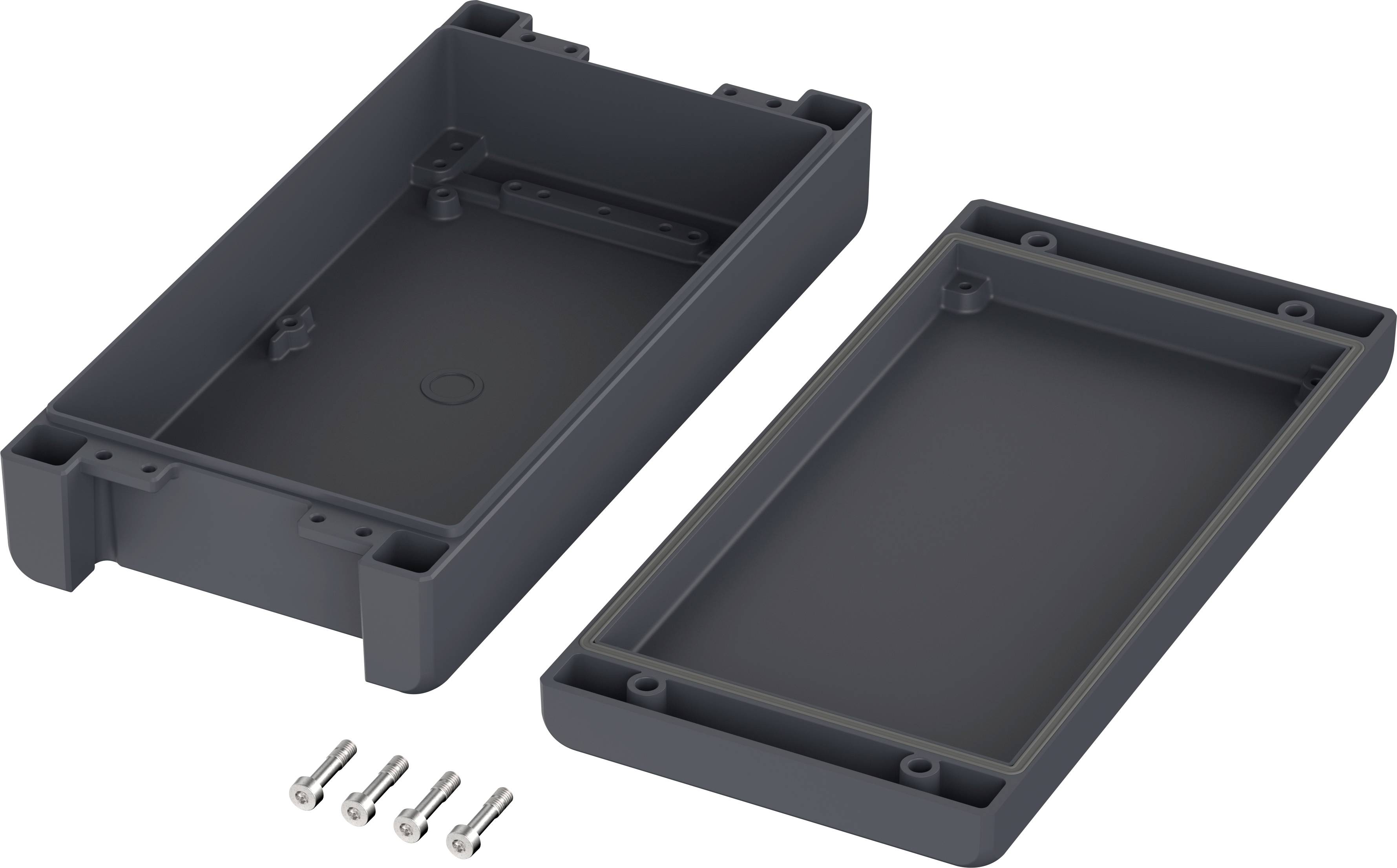 Ein geöffnetes dunkelgraues Kunststoffgehäuse mit abgenommener Abdeckung. Daneben liegen vier kleine Schrauben.