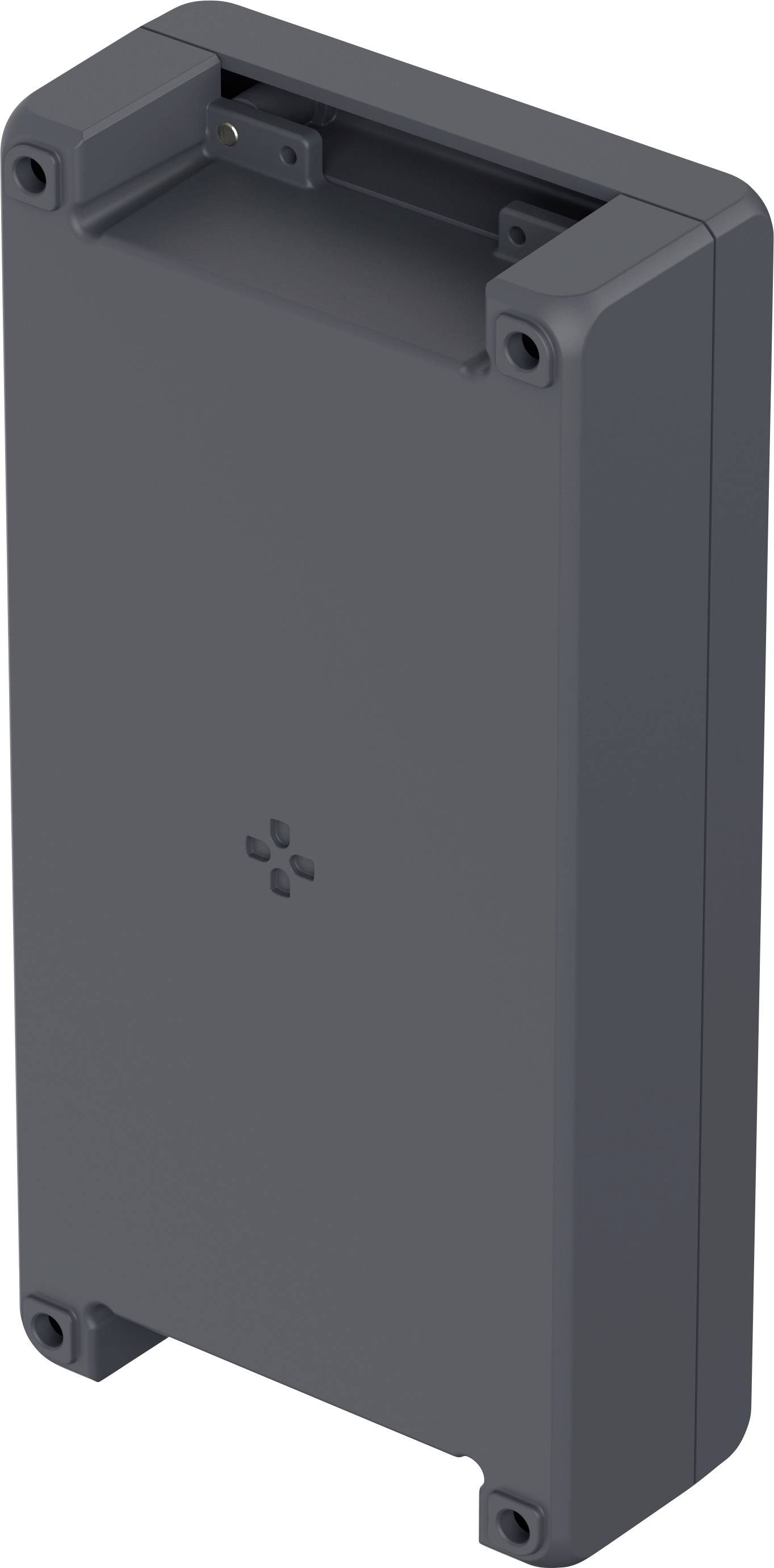 Ein rechteckiges, graues elektronisches Gehäuse mit abgerundeten Ecken und Schraubenlöchern an jeder Ecke.