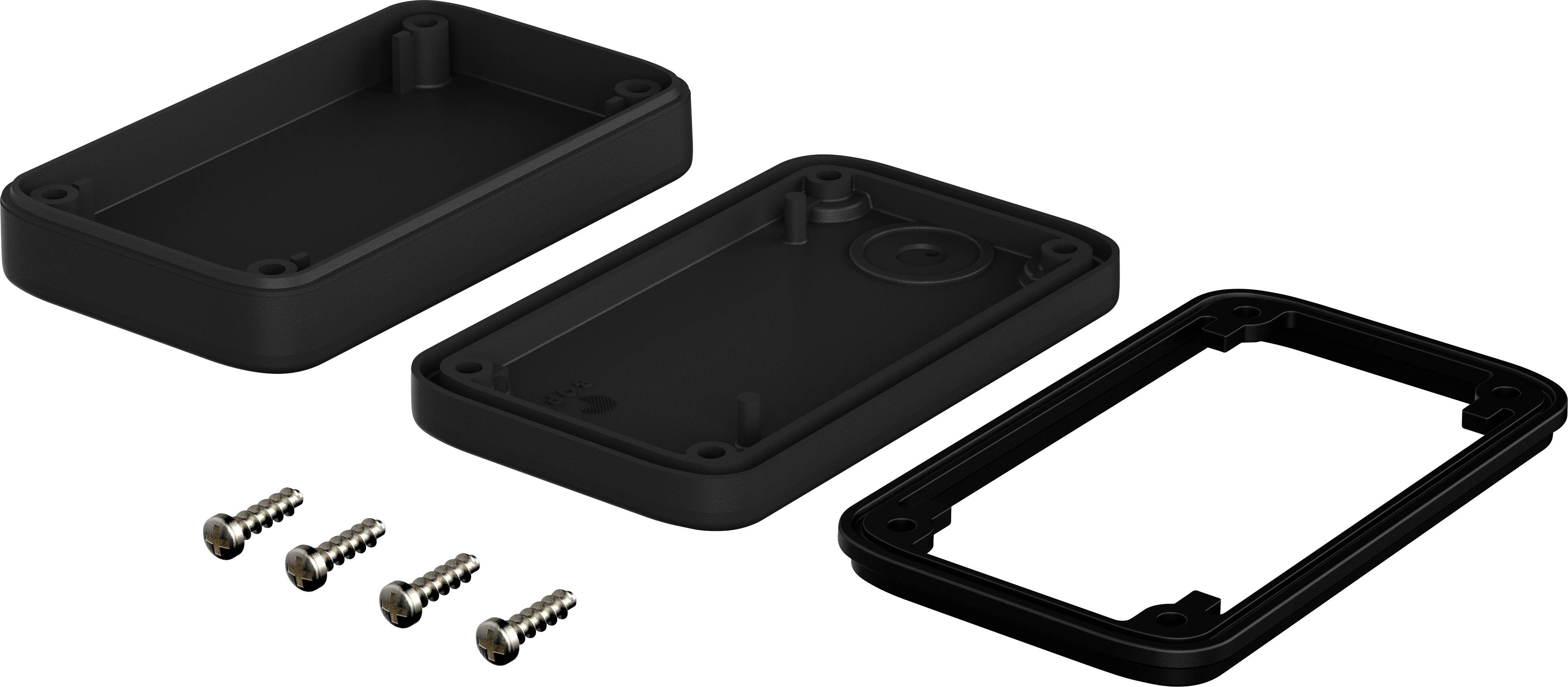 Drei schwarze Gehäuseteile und vier Schrauben liegen nebeneinander, bereit zur Montage eines elektronischen Geräts.
