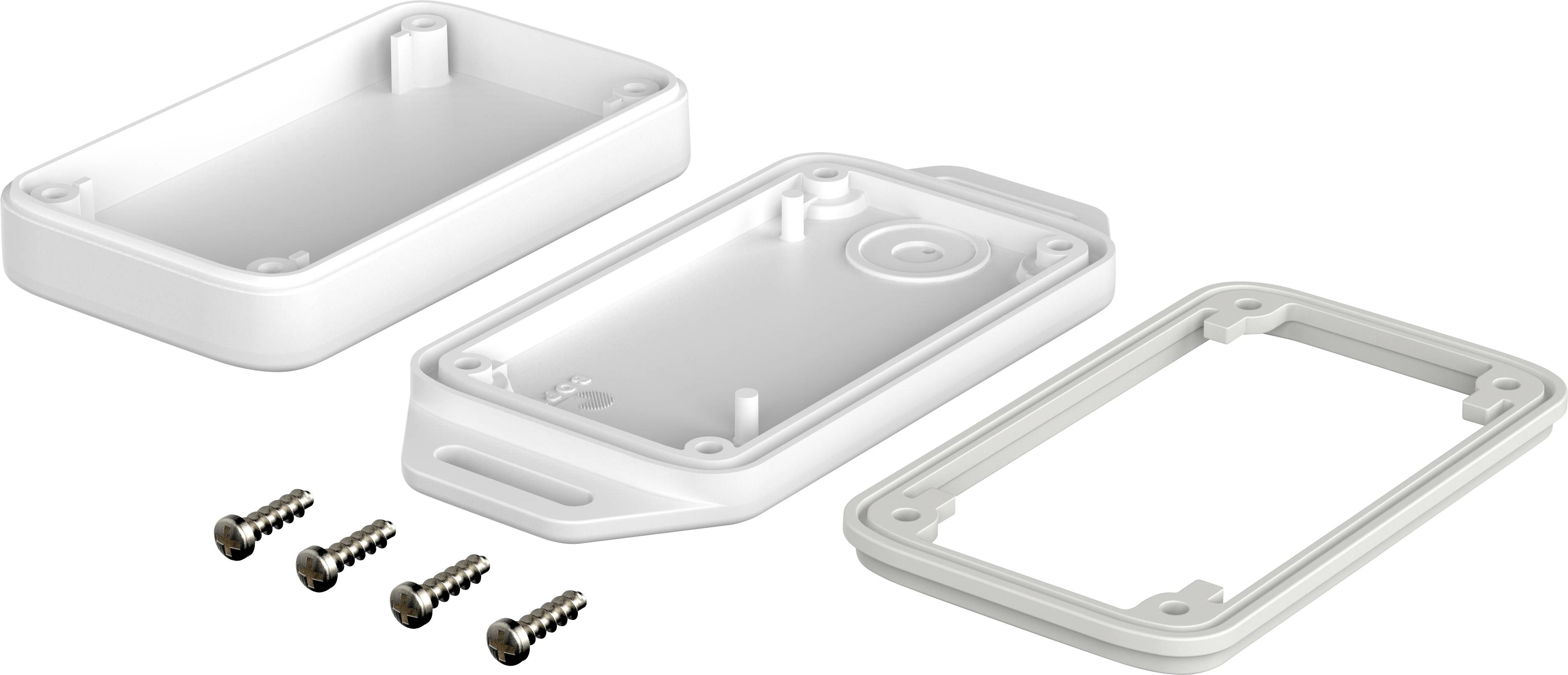 Weiße Kunststoffbox in drei Teilen: Deckel, Boden und Dichtung. Vier Schrauben zum Zusammensetzen sind daneben platziert.