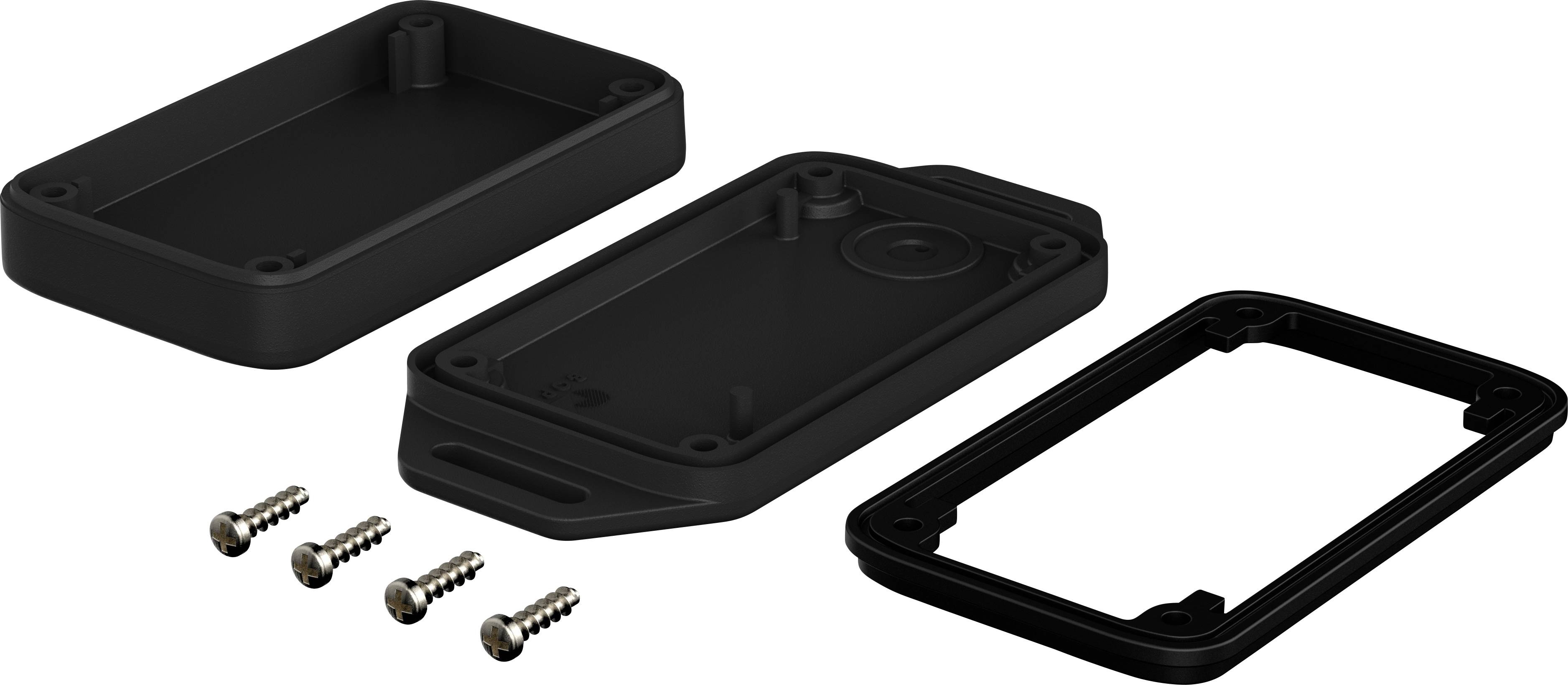Drei schwarze Kunststoffgehäuseteile und vier Schrauben liegen ausgebreitet, bereit zur Montage eines Gerätes.