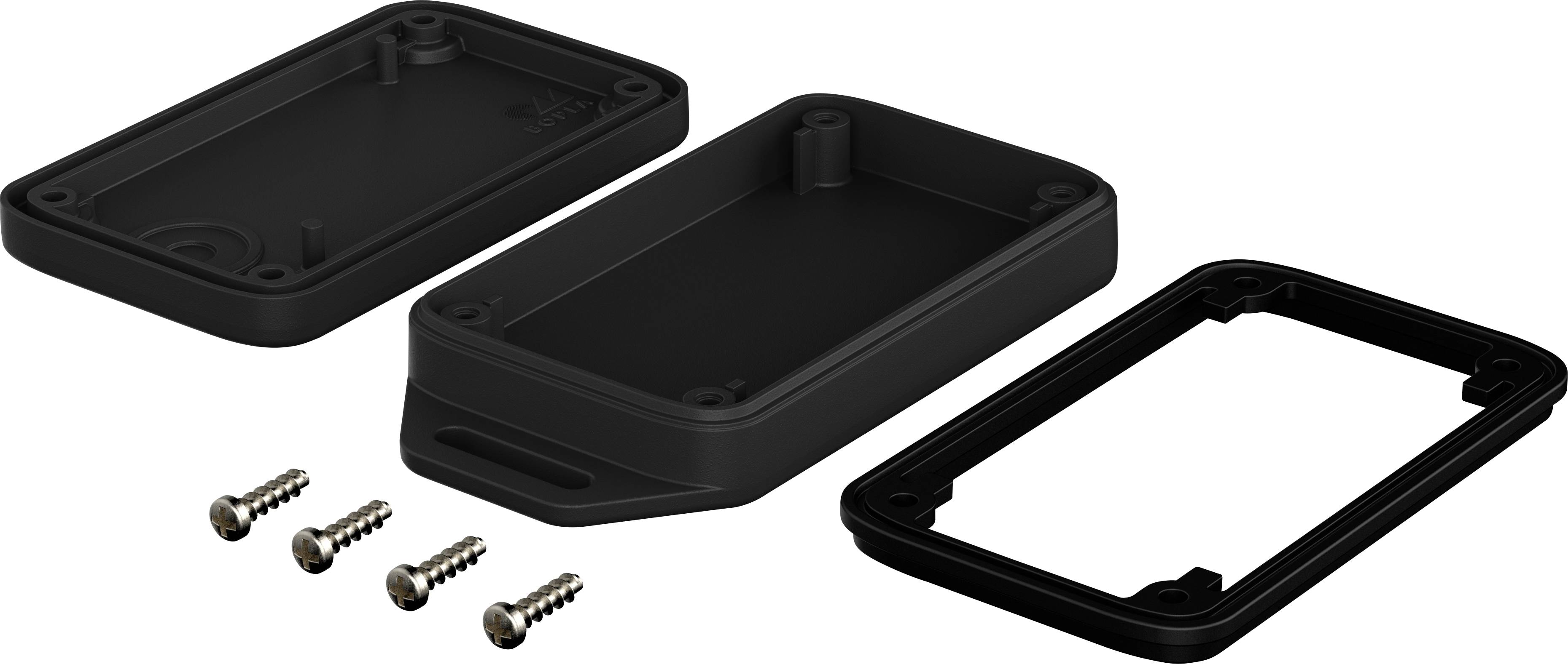 Drei schwarze Gehäuseteile eines Elektronikgehäuses mit vier Schrauben. Die Teile sind zur Montage nebeneinander angeordnet.