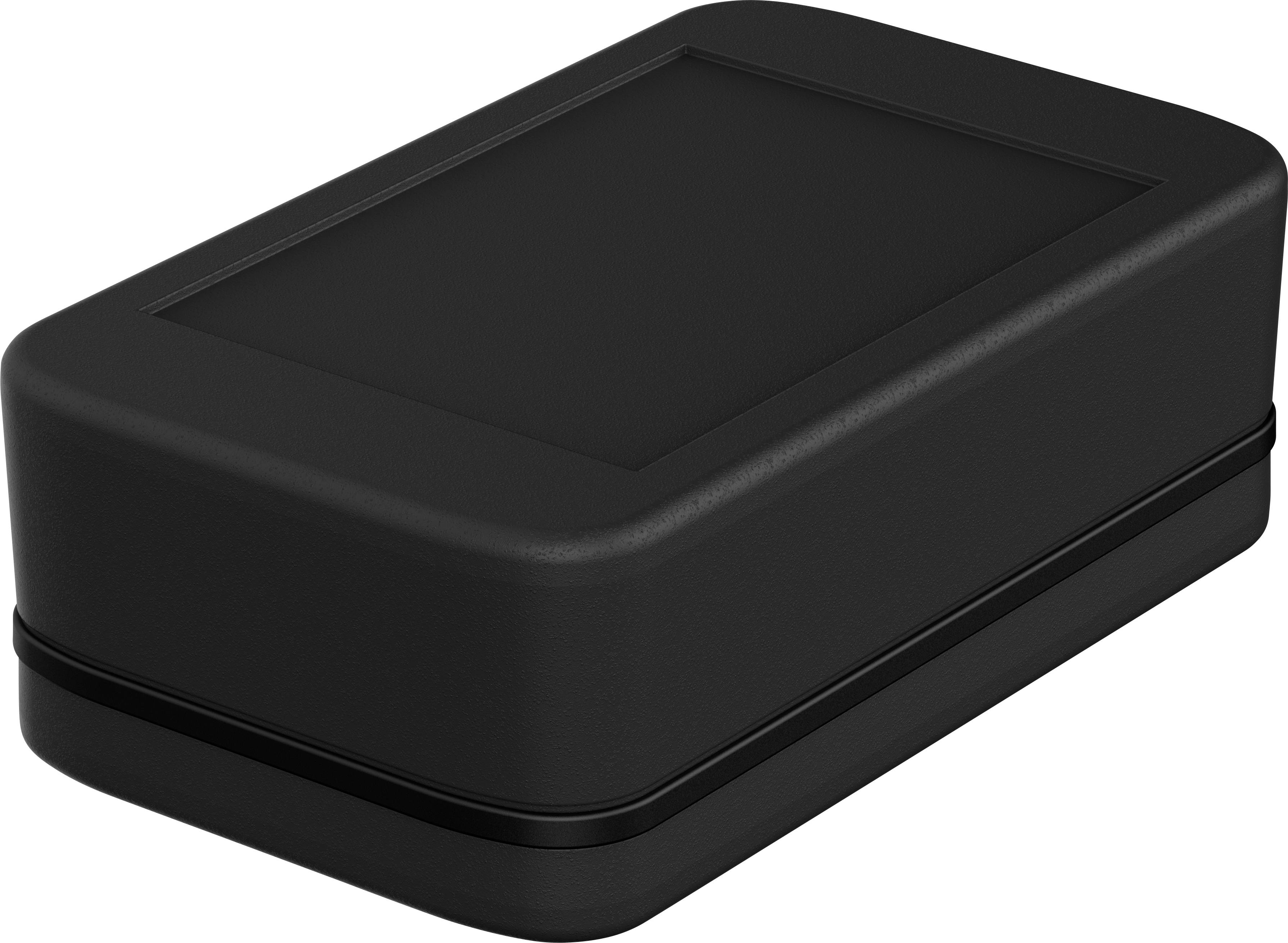 Ein rechteckiges, schwarzes Gerät mit abgerundeten Ecken. Es könnte eine Tragetasche oder ein Gehäuse für elektronische Geräte sein.