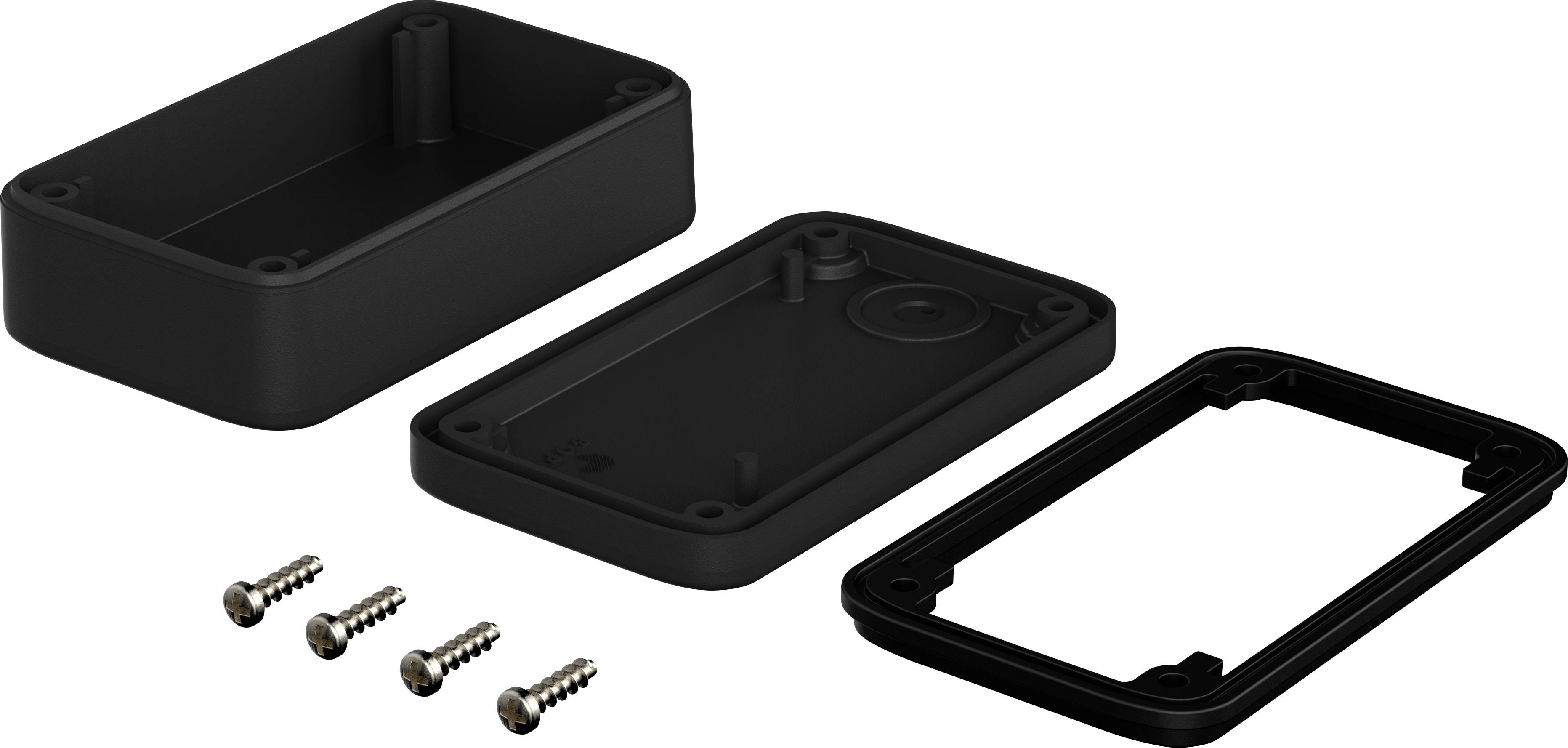 Schwarzes rechteckiges Gerät, offen gezeigt in drei Teilen: Oberseite, Unterseite und Rahmen, mit vier Schrauben daneben.