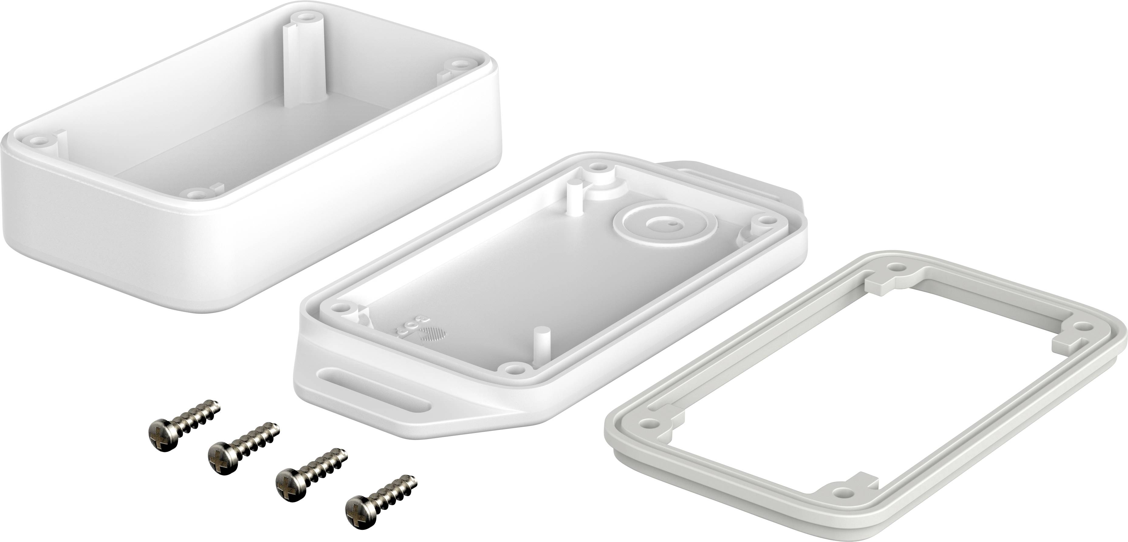 Ein geöffnetes graues Kunststoffgehäuse mit Deckel und Dichtung, daneben vier Schrauben. Alles Teile zur Montage und Abdichtung.