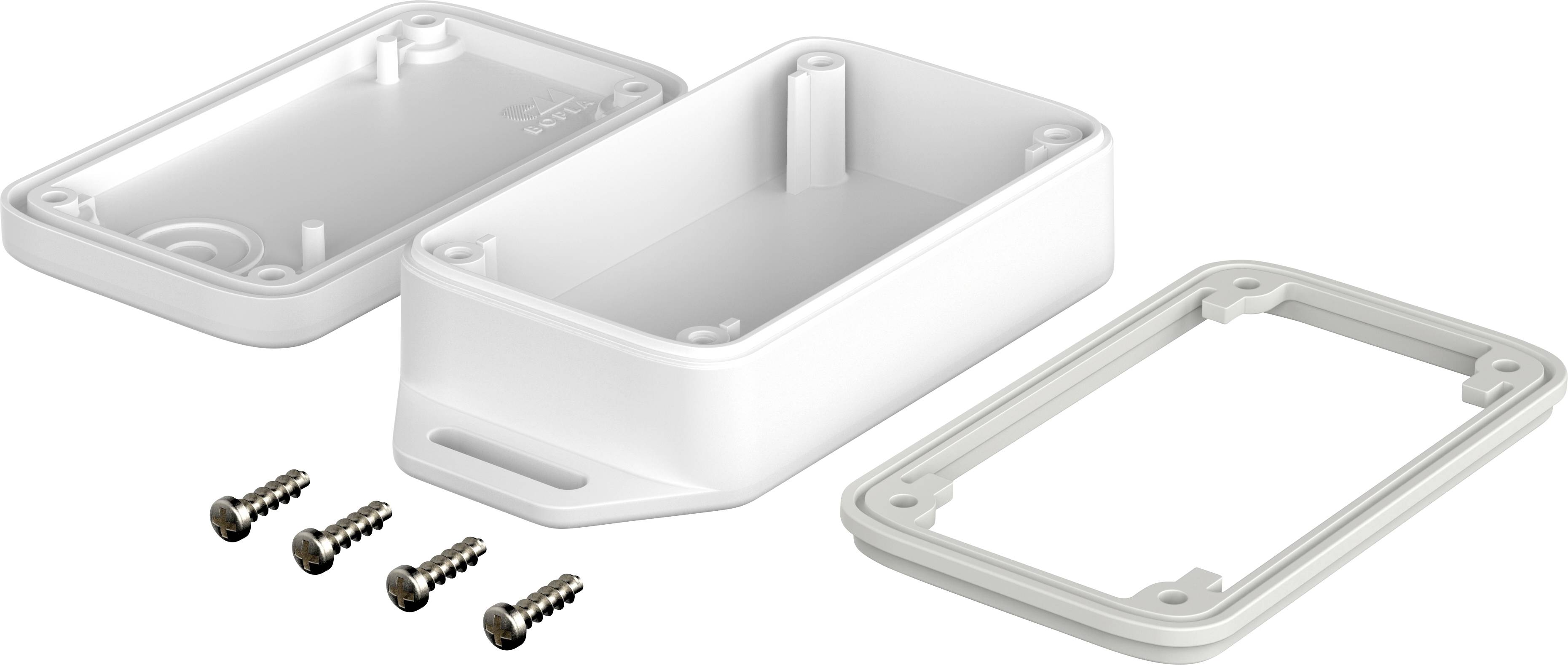 Weiße, rechteckige Elektronik-Gehäuseteile aus Kunststoff mit abgerundeten Ecken und vier Schrauben.