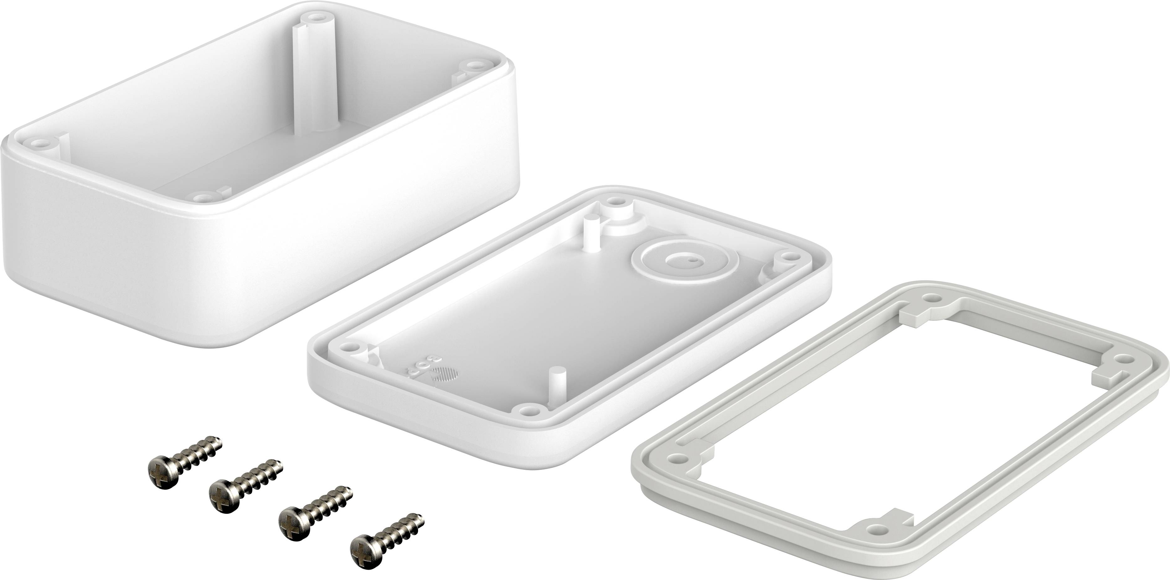 Ein weißes, rechteckiges Gehäuse, offen mit Deckel und Rahmen, ist sichtbar. Vier Schrauben liegen links daneben. Geeignet für Elektronikmontage.