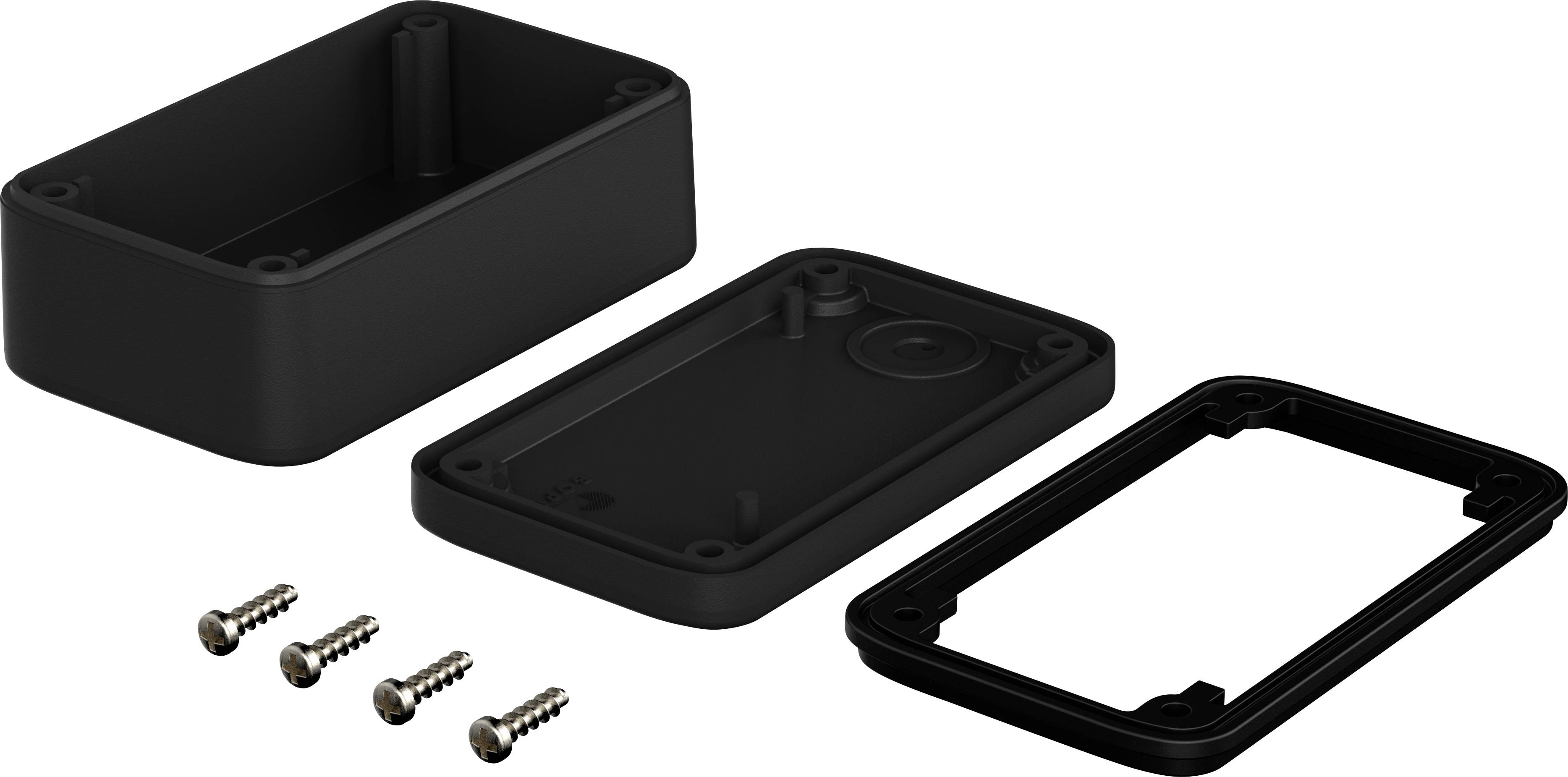 Schwarz lackiertes Aluminiumgehäuse in drei Teilen mit vier zugehörigen Schrauben, bereit für die Montage.