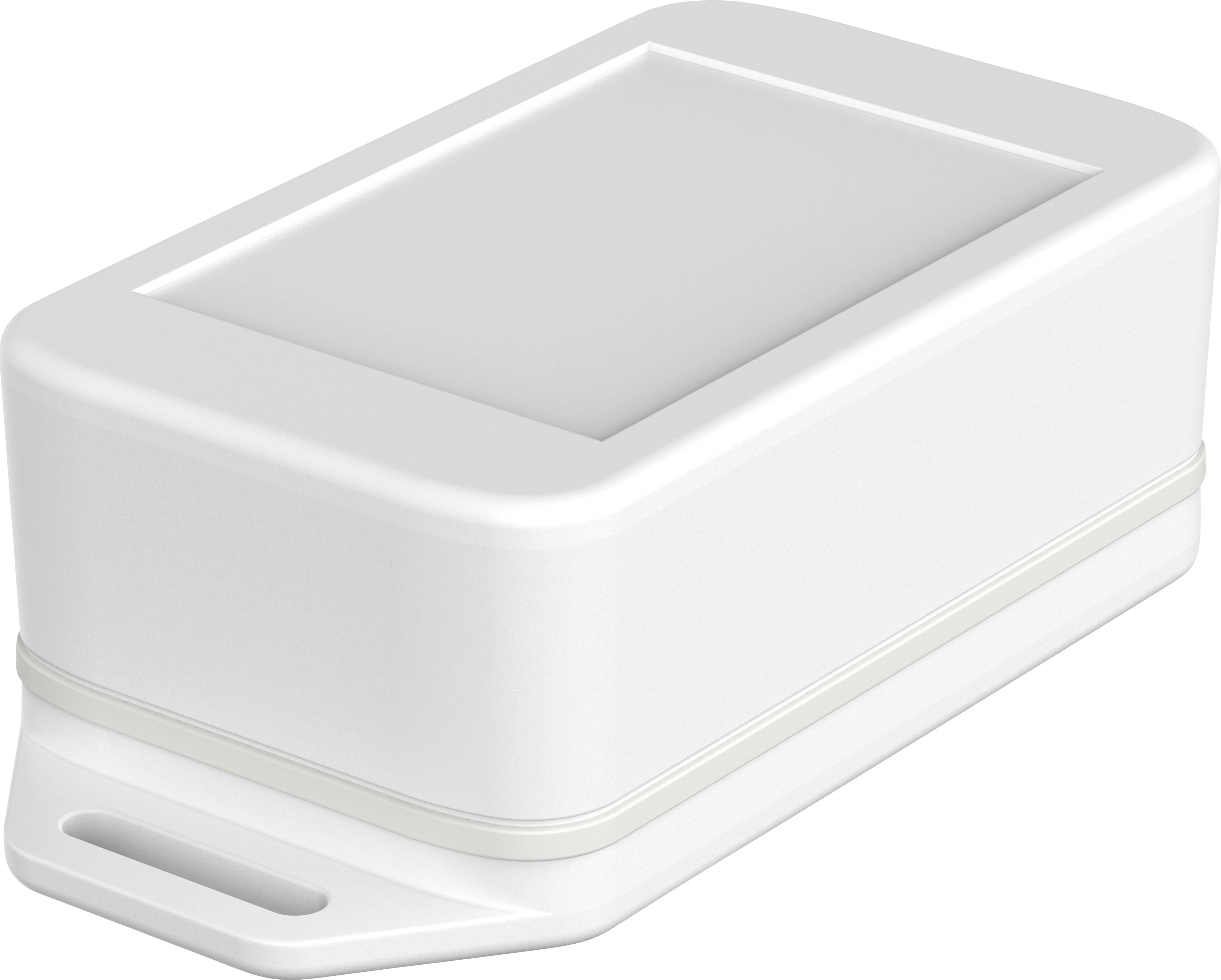Eine rechteckige weiße Kunststoffbox mit abgerundeten Ecken und einem leicht erhöhten Deckel. Sie sieht formstabil und vielseitig aus.