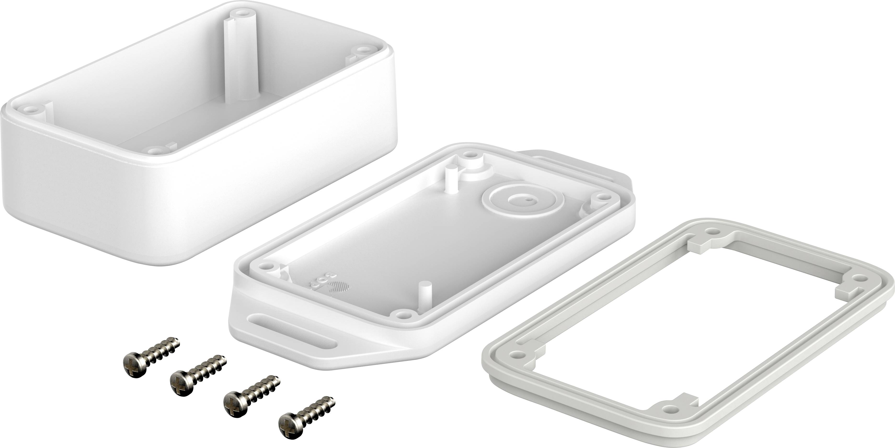 Ein weißes Plastikgehäuse wird in drei Teilen gezeigt: oberes Teil, unteres Teil und Dichtung. Vier Schrauben sind beigefügt.