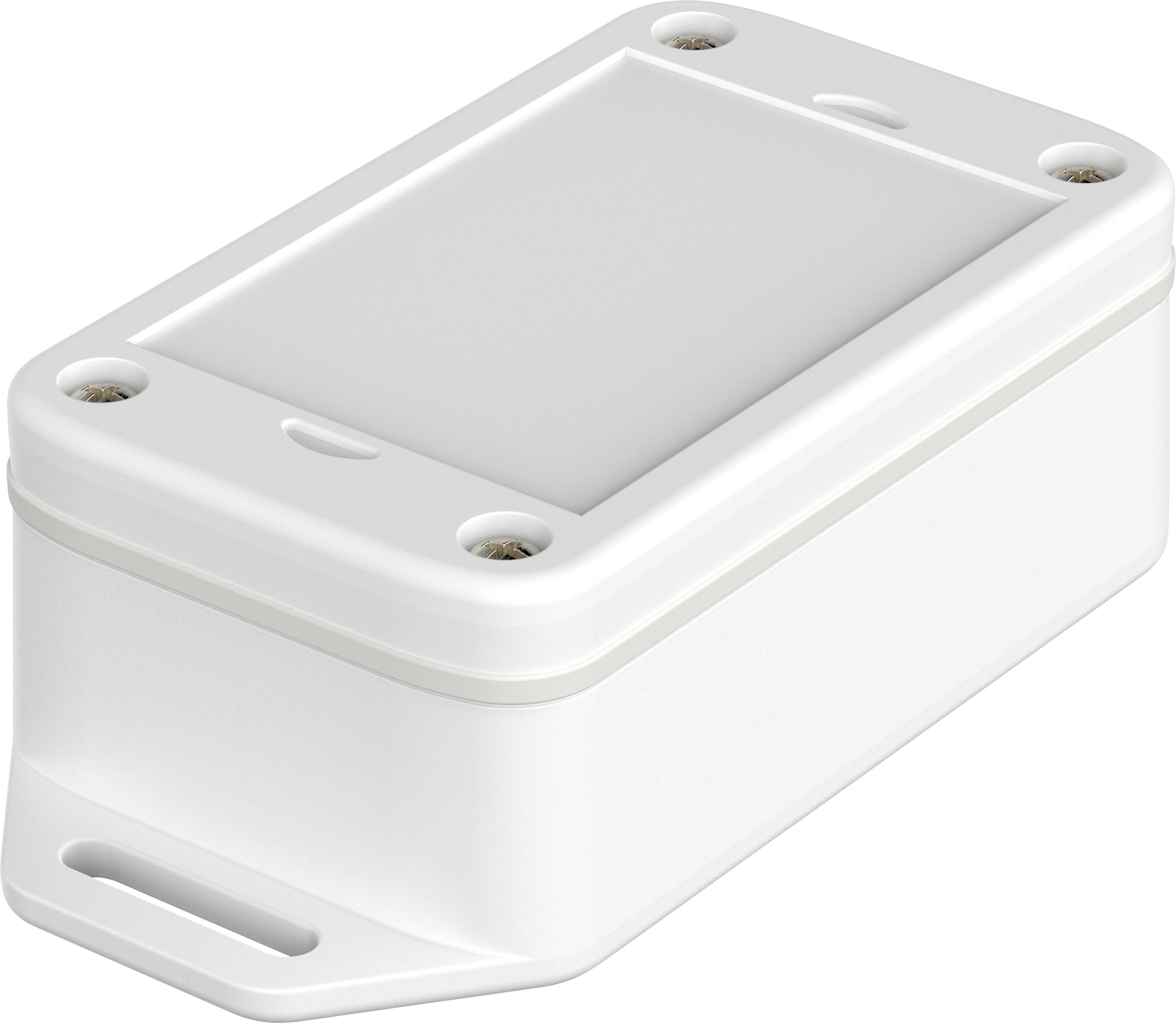 Ein rechteckiges, weißes Kunststoffgehäuse mit abgerundeten Ecken und fünf Schraubenlöchern. Es wird für elektronische Bauteile verwendet.