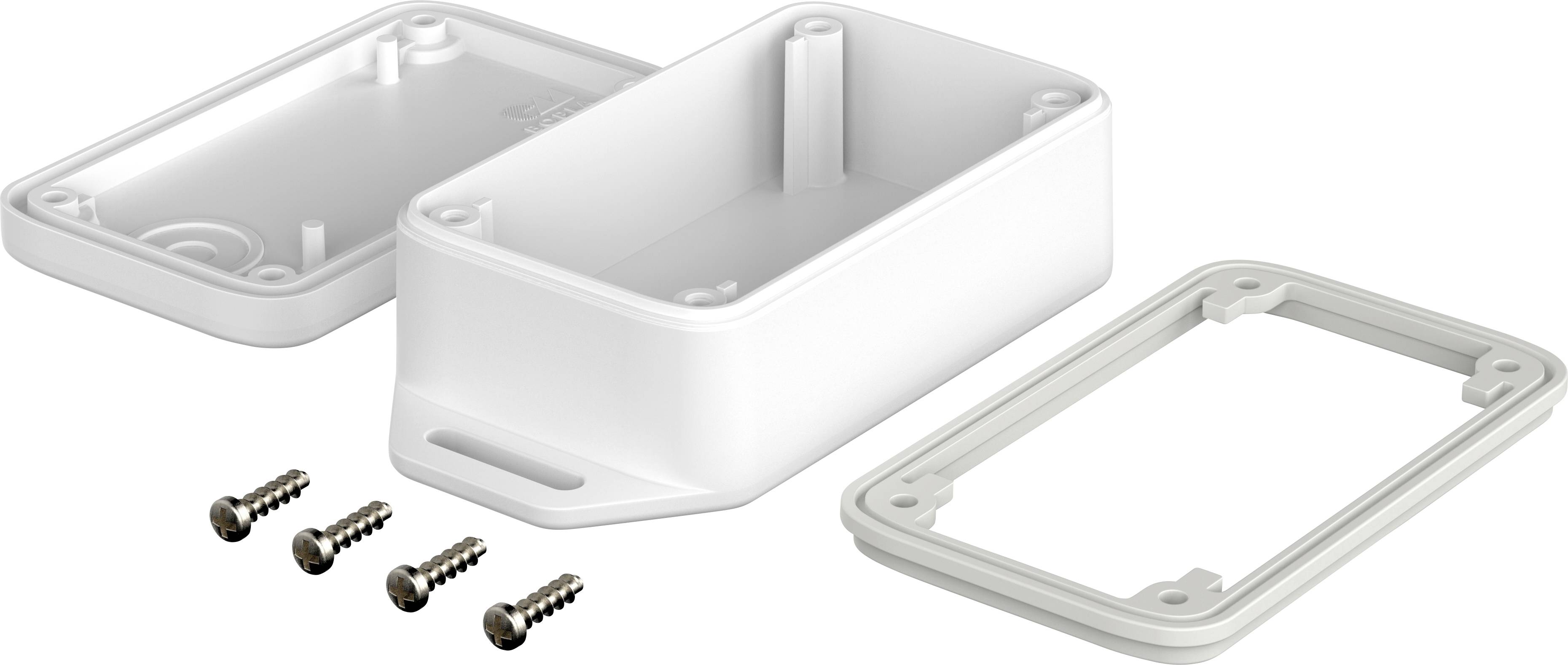 Ein rechteckiges, weißes Gehäuse mit abnehmbarem Deckel und vier Schrauben, das zur elektrischen Verbindung oder zum Schutz von Komponenten dient.