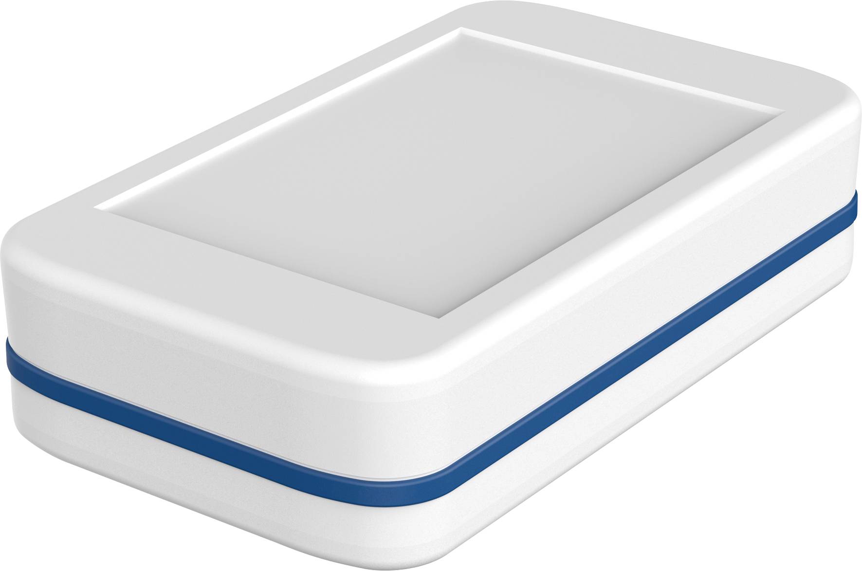 Weiße rechteckige Plastikbox mit blauem Streifen in der Mitte, wahrscheinlich ein Aufbewahrungsbehälter oder Schutzgehäuse.