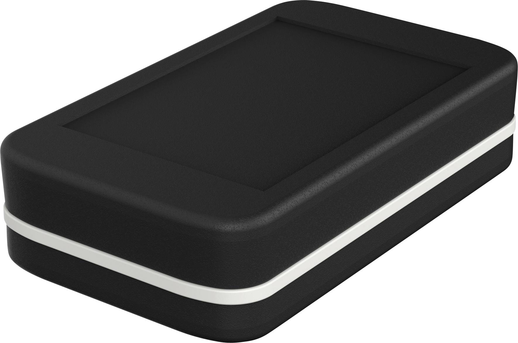 Ein rechteckiges, schwarzes Gehäuse mit abgerundeten Ecken und einem weißen Rand, ähnlich einem modernen elektronischen Gerät.