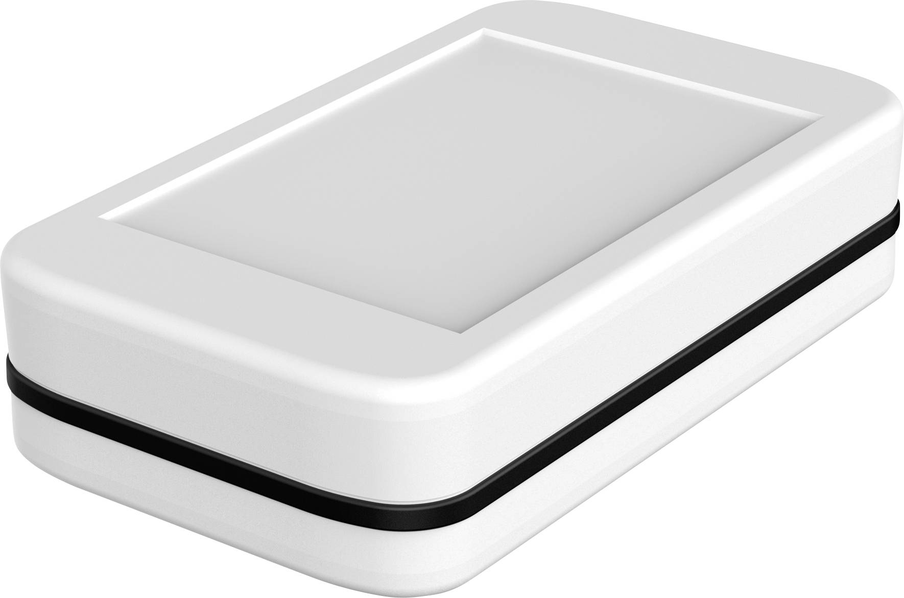 Ein weißer, rechteckiger Behälter mit abgerundeten Ecken und einem schwarzen Streifen in der Mitte.