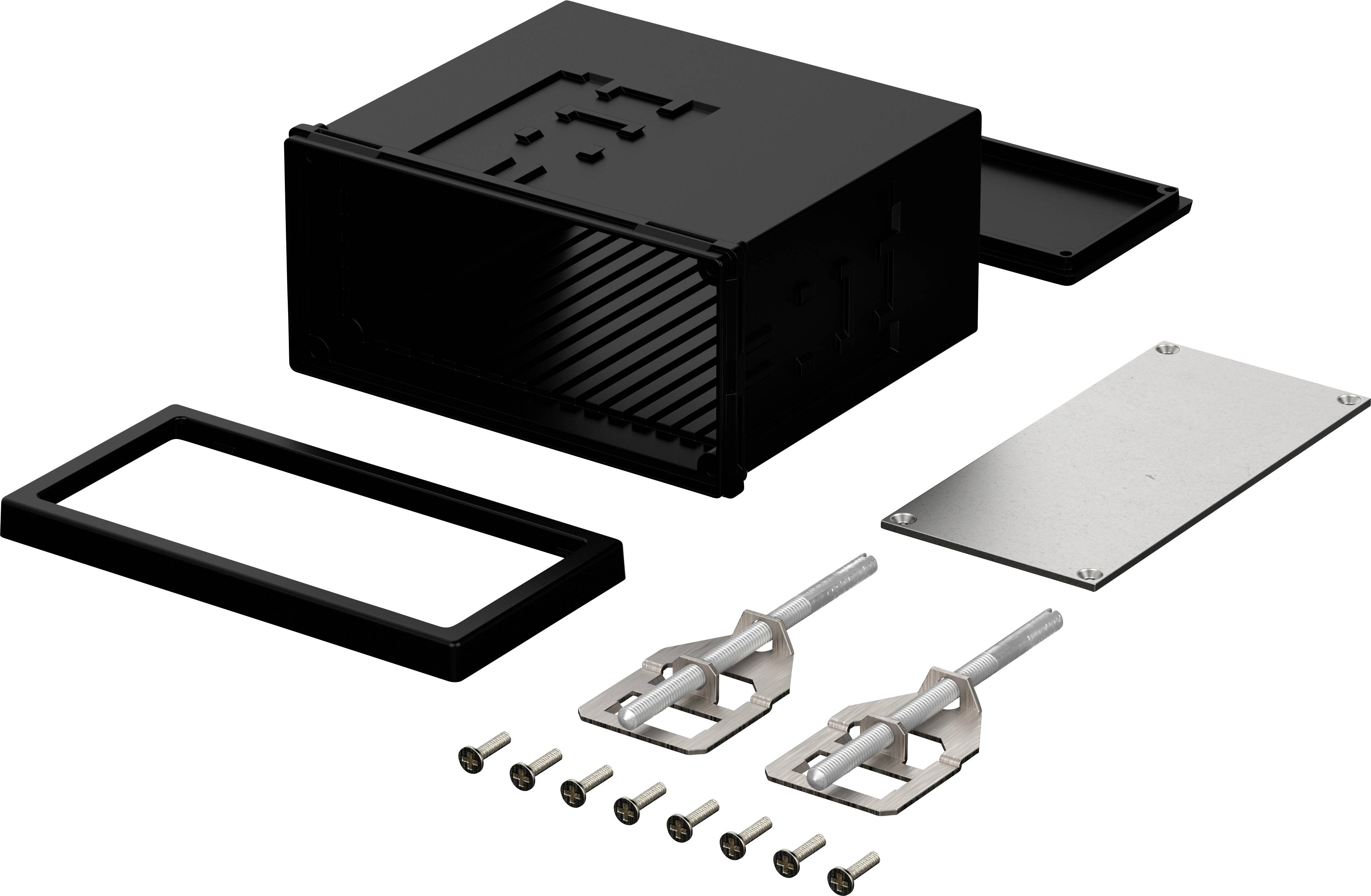 Ausgestelltes schwarzes Gehäuse mit abnehmbarem Deckel, zusätzlichem Rahmen, zwei Schraubenschlüsseln und mehreren Schrauben.