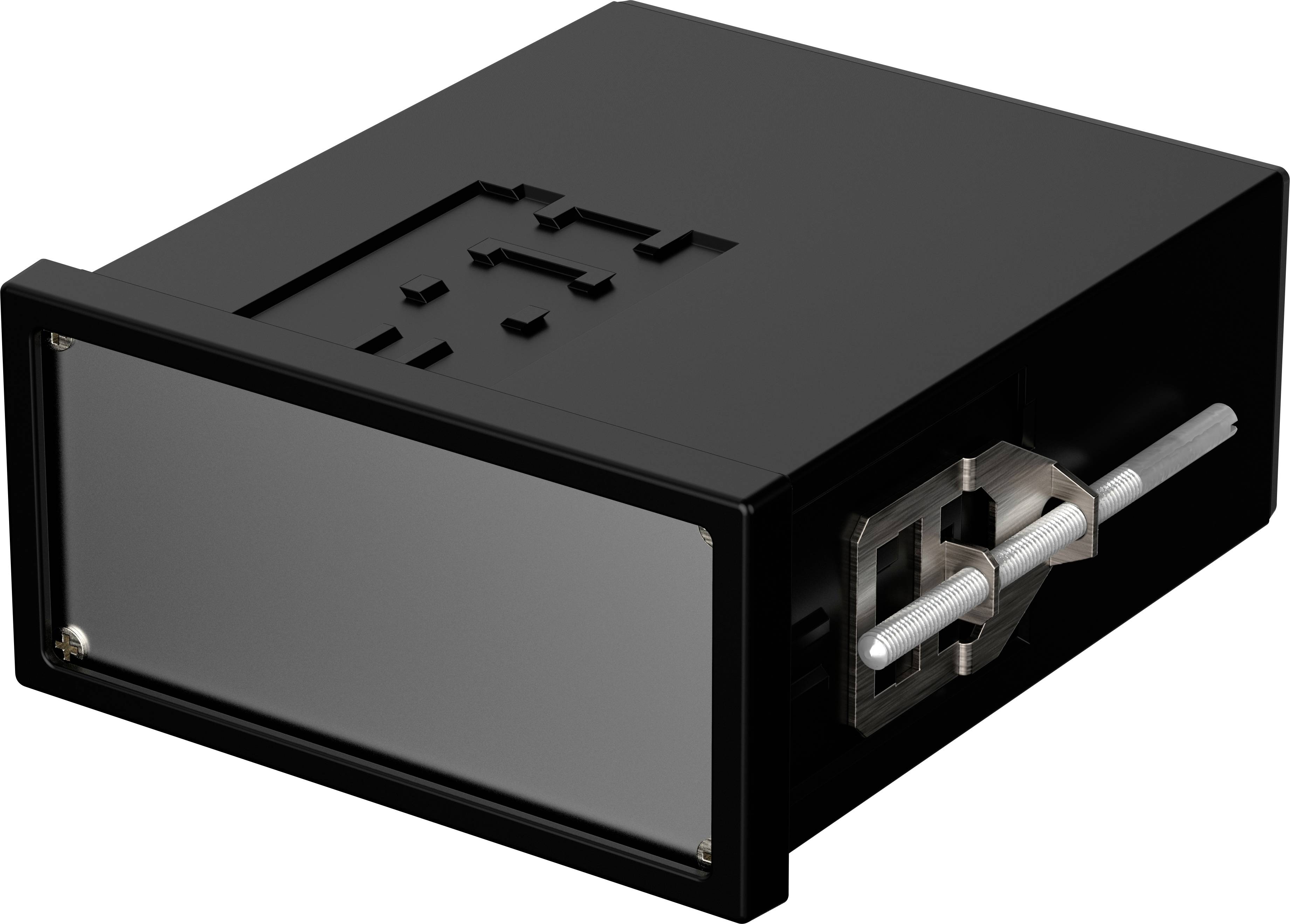 Ein rechteckiges schwarzes Elektronikgehäuse mit glatter Frontplatte und einem Metallbefestigungsmechanismus an der Seite.
