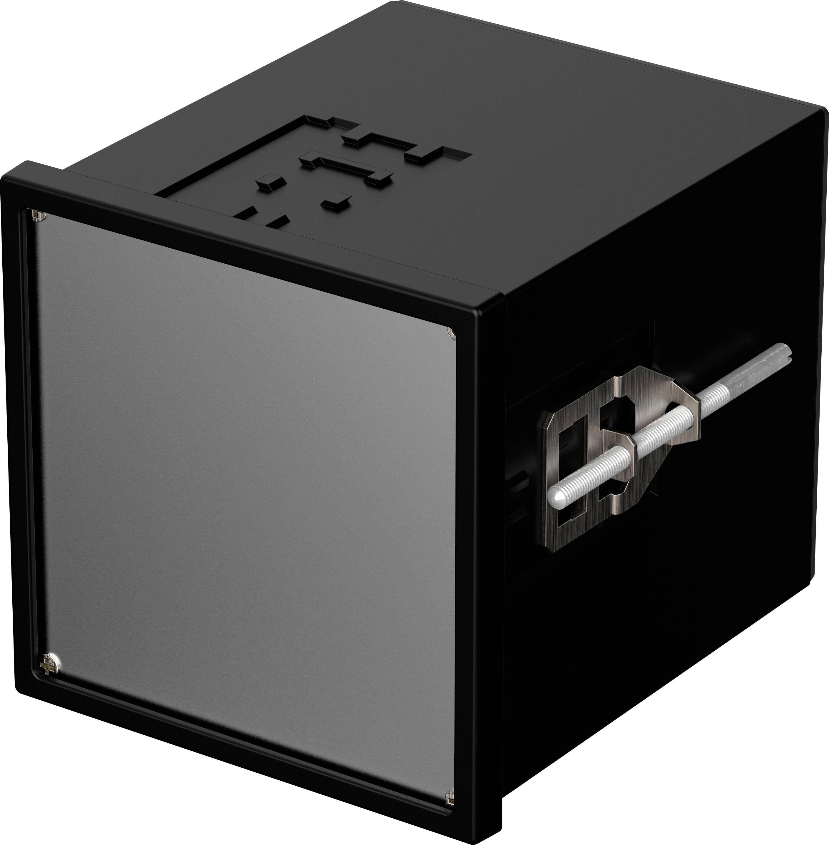 Ein schwarzes Gerät mit einem vorderen, reflektierenden Panel und einem seitlichen Hebel. Es scheint technisch oder elektronisch zu sein.