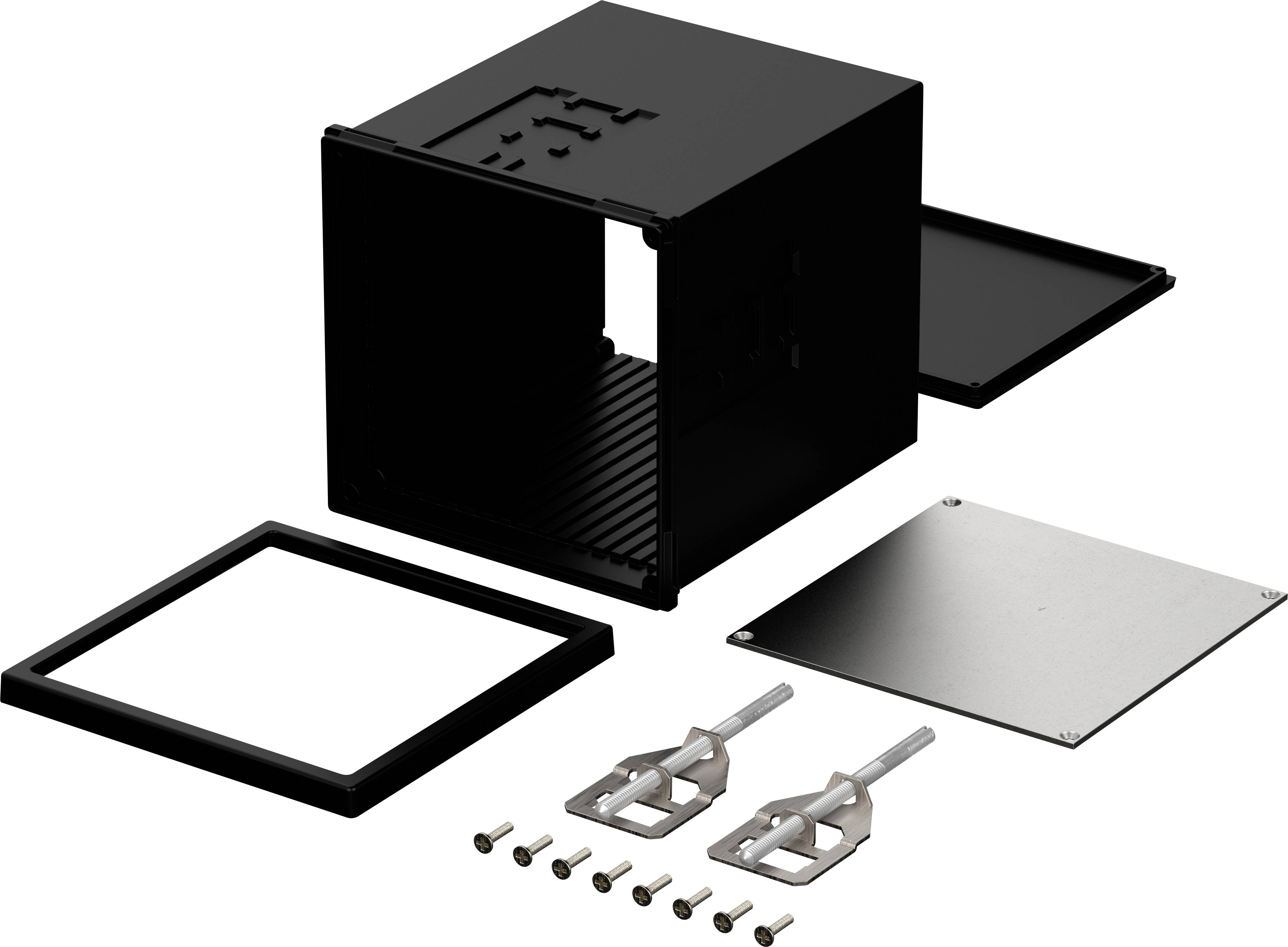 Satz eines rechteckigen schwarzen Computergehäuses mit abgenommener Seitenwand, einer Metallplatte, zwei Schraubendrehern und mehreren Schrauben.