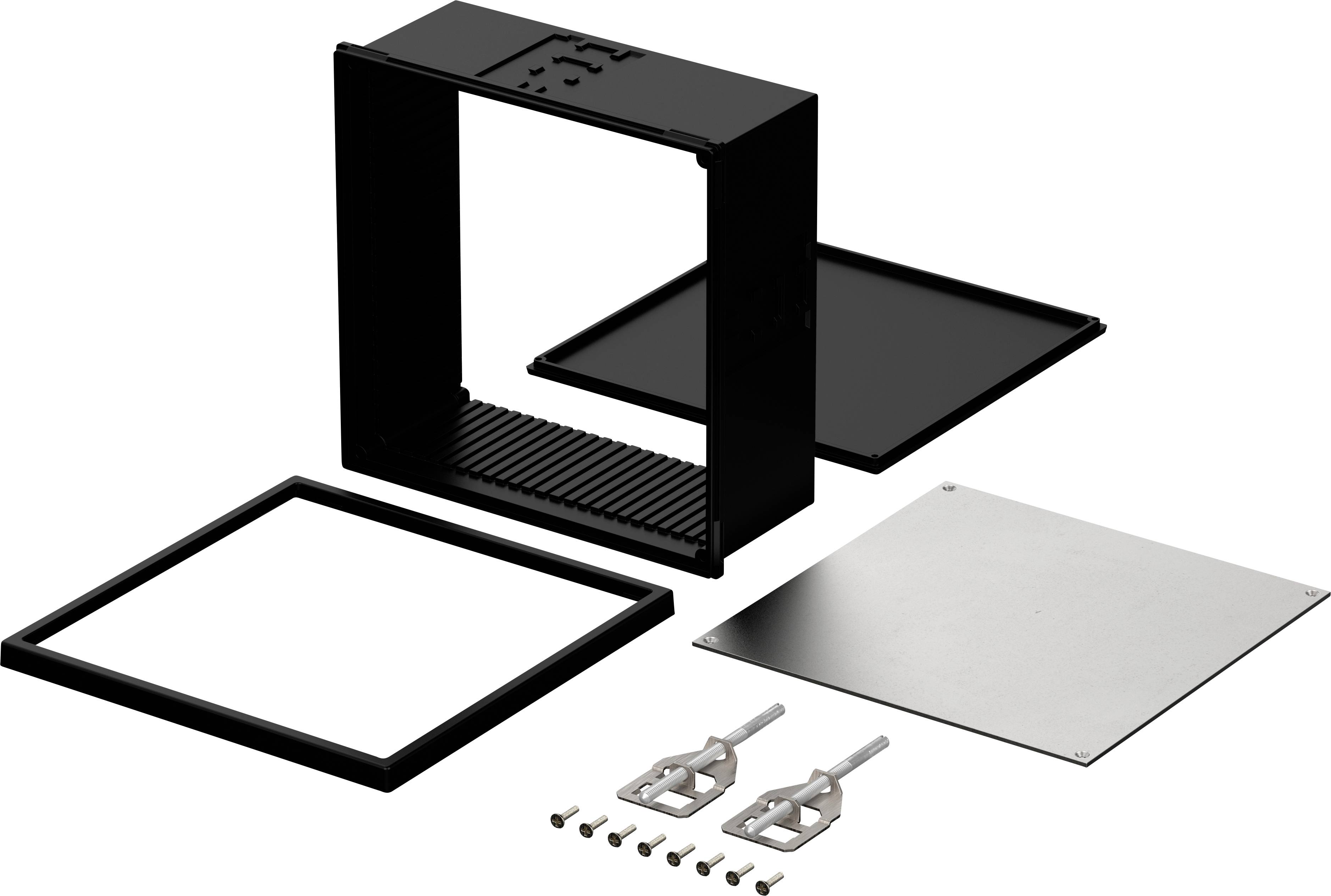 Schwarzer kubischer Rahmen, Abdeckplatte, Metallplatte, Schrauben und zwei Metallteile; vermutlich Teile eines Montagekits.