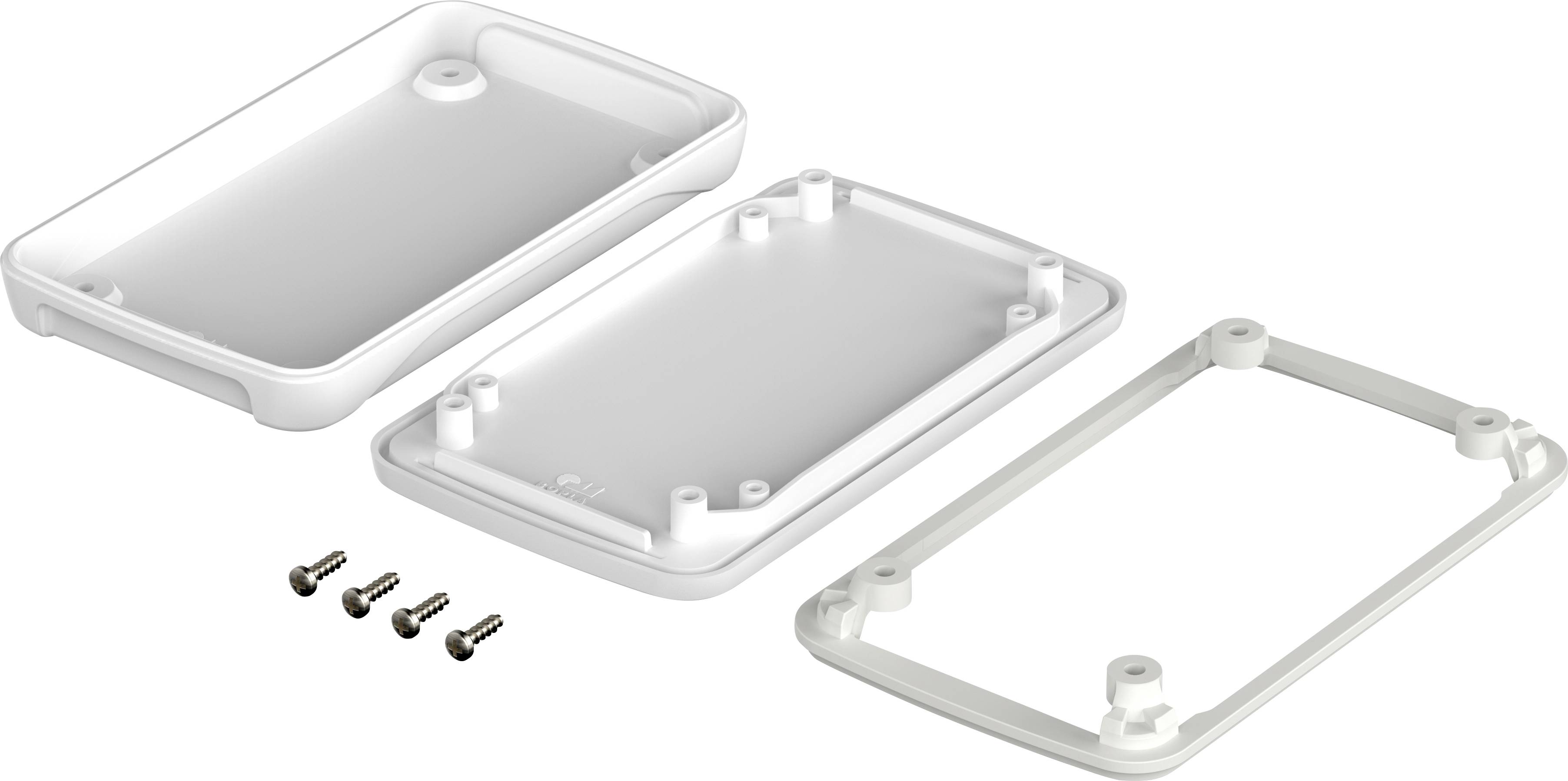 Weißes Kunststoffgehäuse mit abnehmbaren Teilen und vier Schrauben, bereit zur Montage. Eignet sich zur Elektronikgehäuseanwendung.