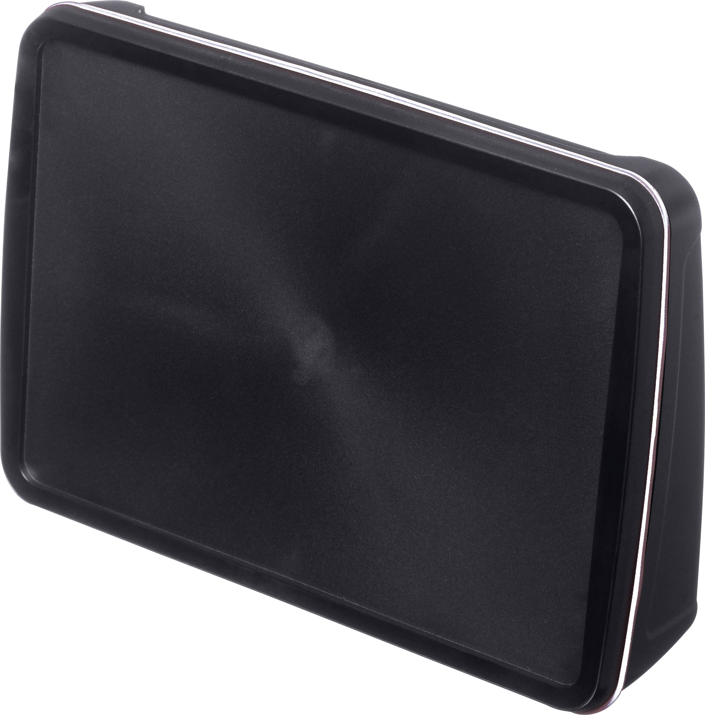 Schwarzes, rechteckiges, leicht abgerundetes Gehäuse, vermutlich ein technisches Gerät oder Bildschirm, ohne sichtbares Display.