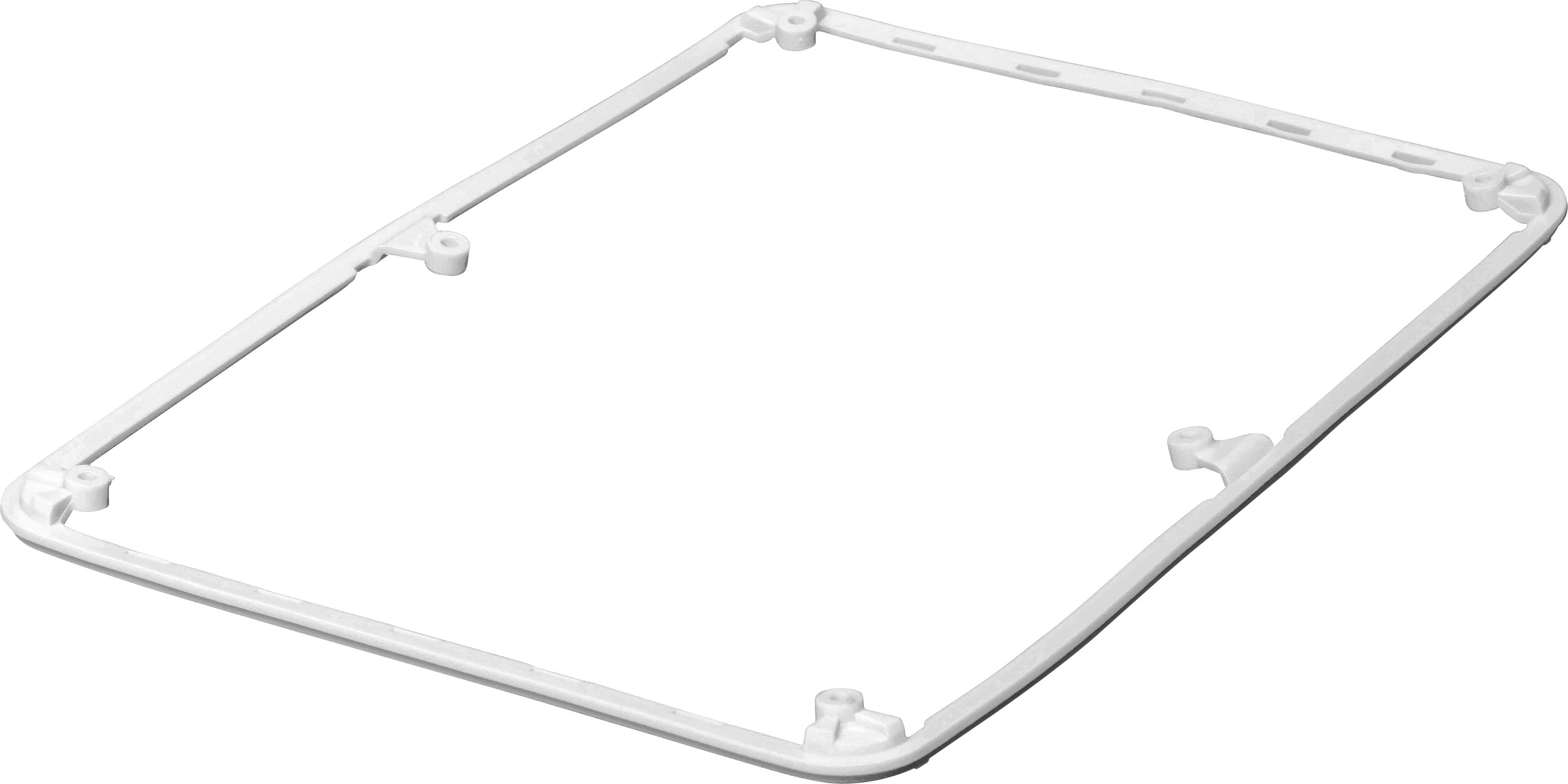 Ein weißer, rechteckiger Kunststoffrahmen mit abgerundeten Ecken und mehreren kleinen Befestigungspunkten in den Ecken und an den Seiten.
