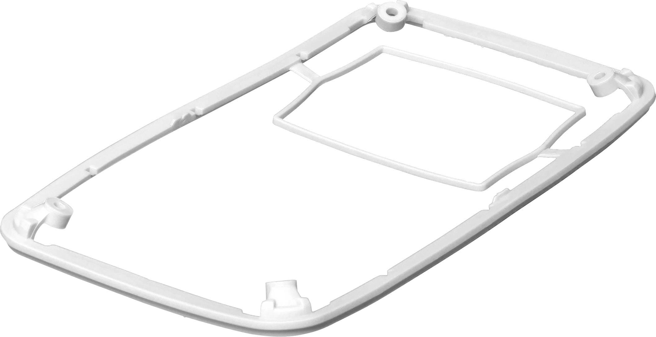 Ein weißer Kunststoffrahmen, rechteckig mit abgerundeten Ecken und Öffnung in der Mitte, auf weißem Hintergrund.