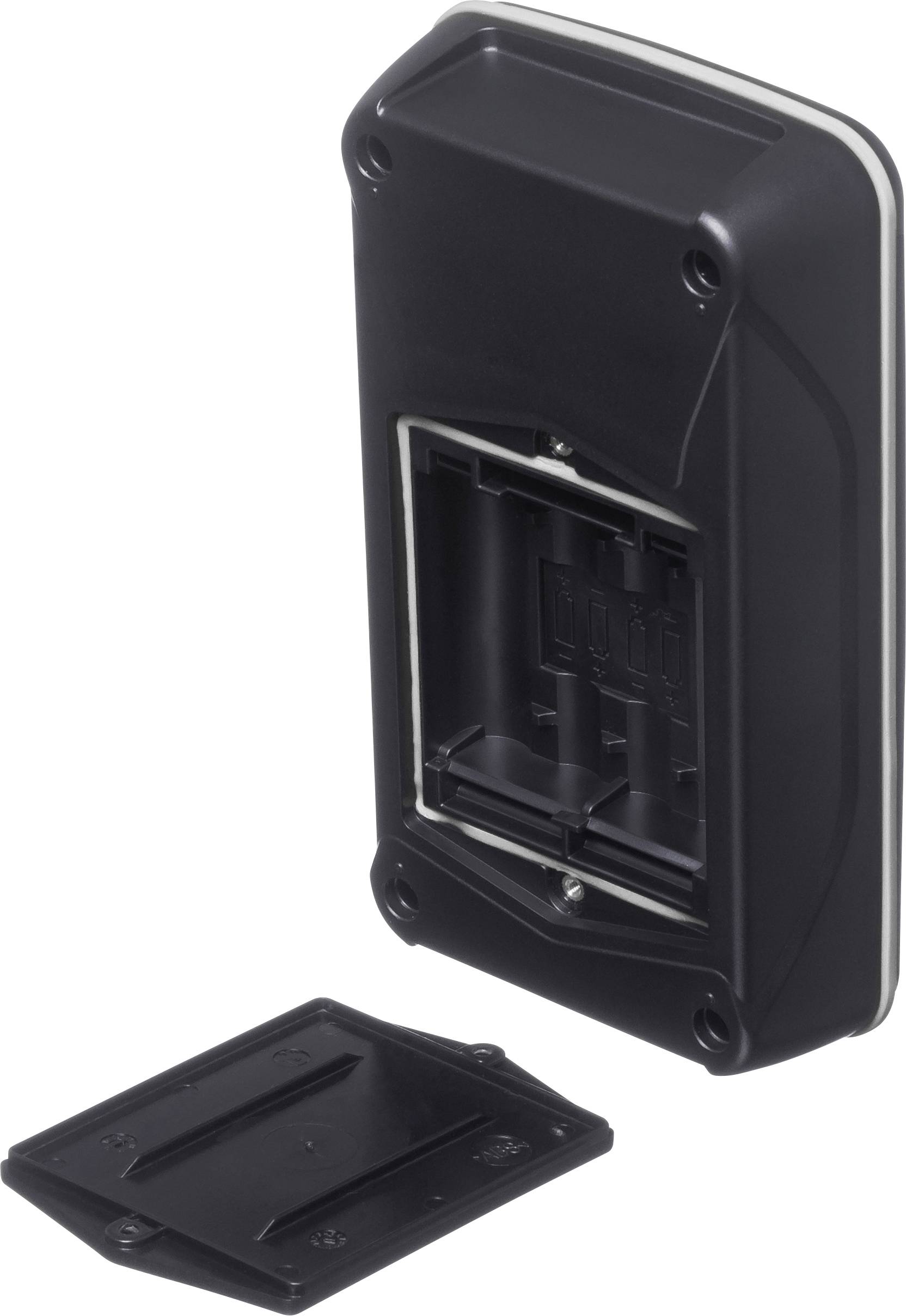 Schwarzes elektronisches Gerät mit Batteriefach auf der Rückseite, abnehmbare Abdeckung daneben platziert.