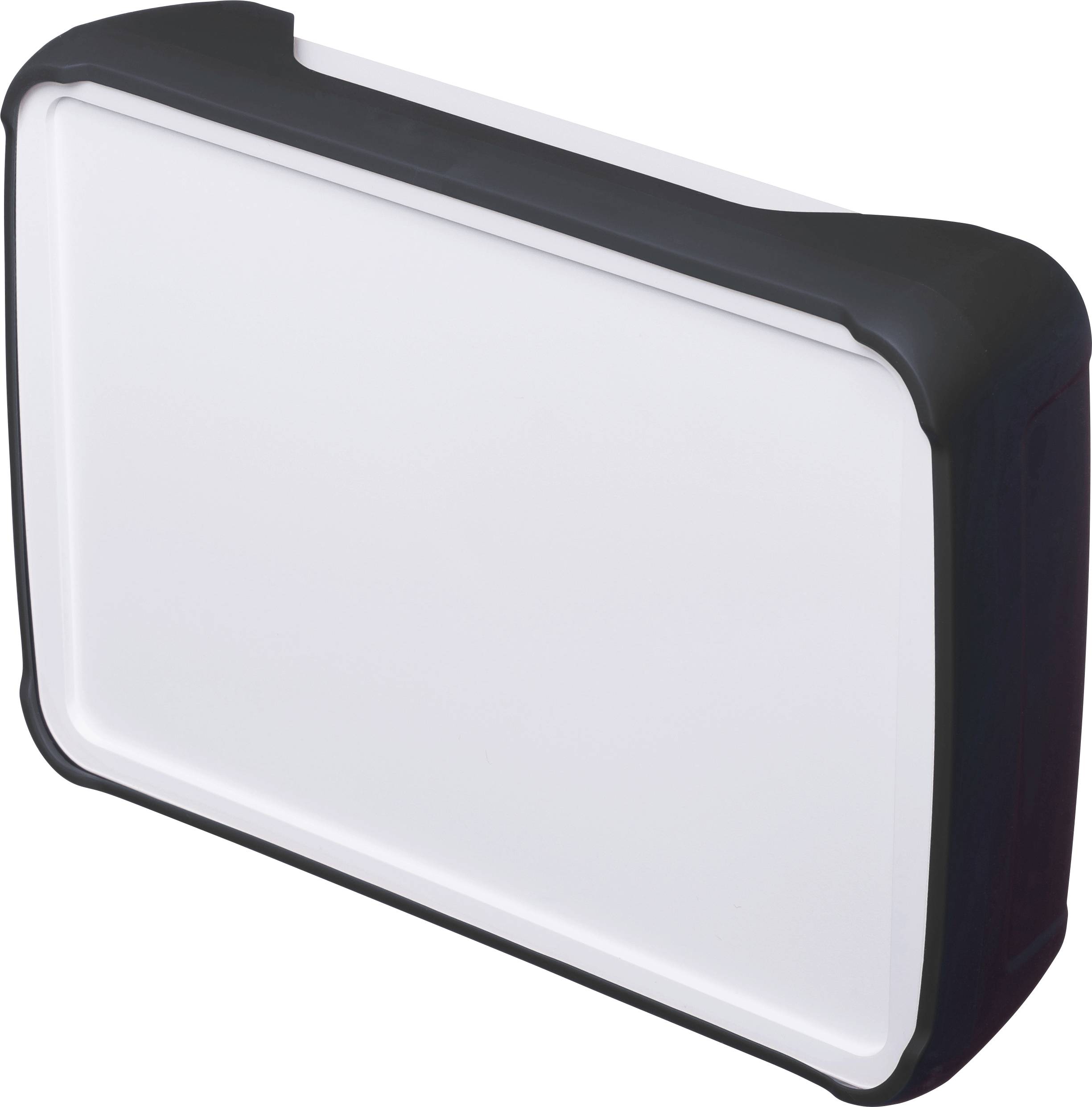 Ein rechteckiges, schwarzes und weißes Plastikgerät mit einer glatten Oberfläche, möglicherweise ein Gehäuse oder Kartenscanner.