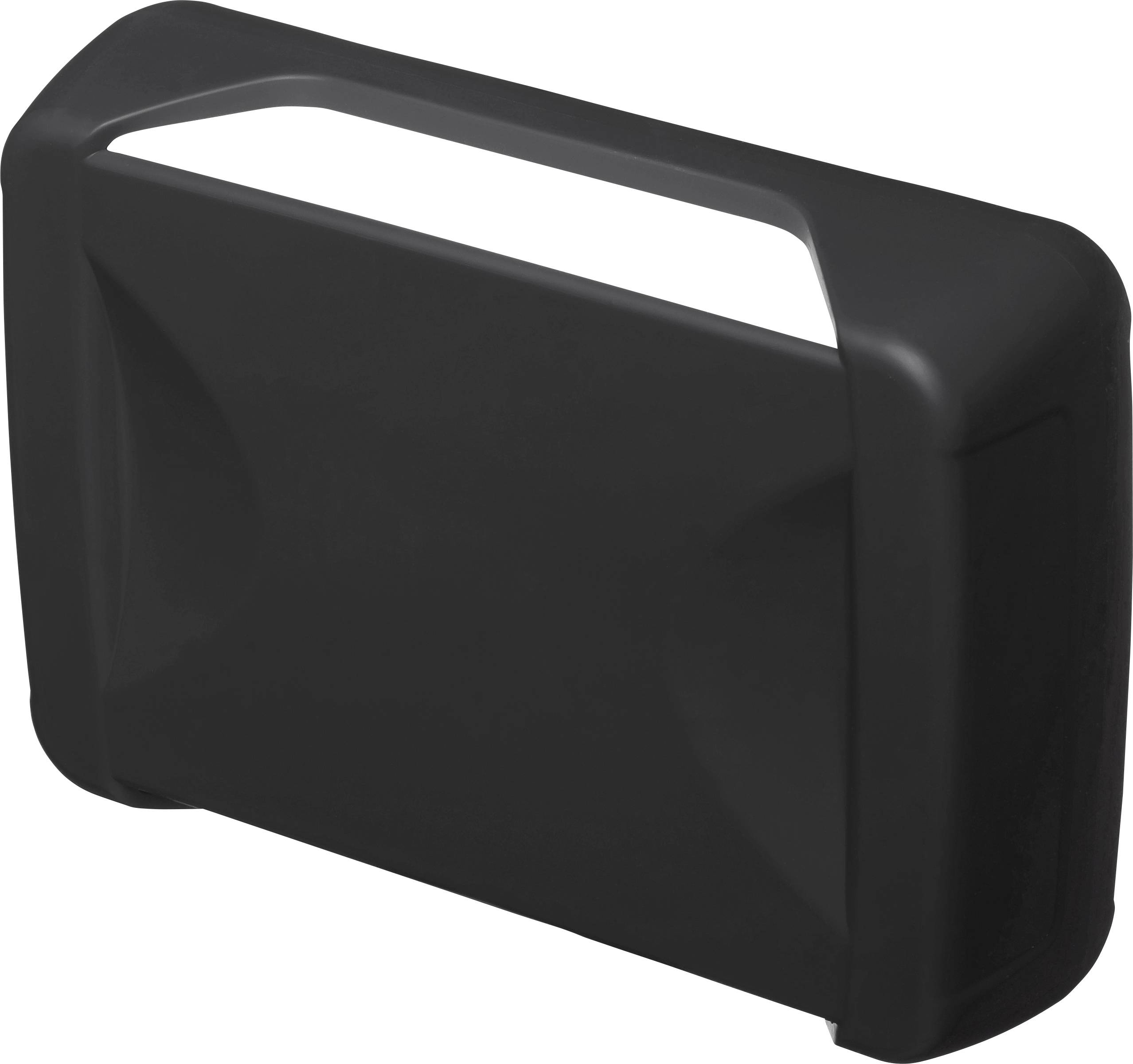 Schwarze, rechteckige Abdeckhaube aus Kunststoff mit abgerundeten Ecken und einem oberen Schlitz, möglicherweise für einen Türgriff.